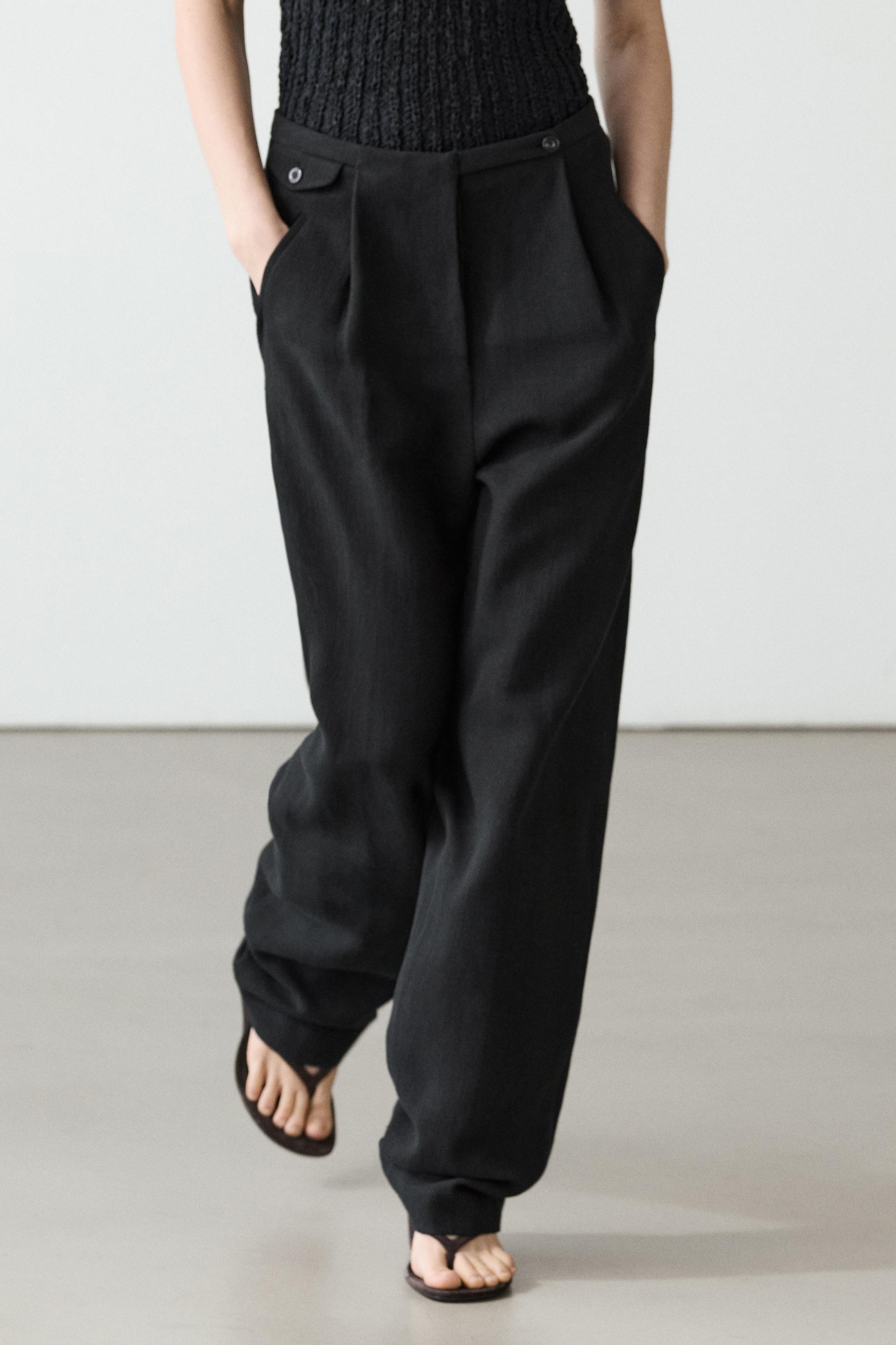 Flowing linen blend trousers with pocket details — BLACK