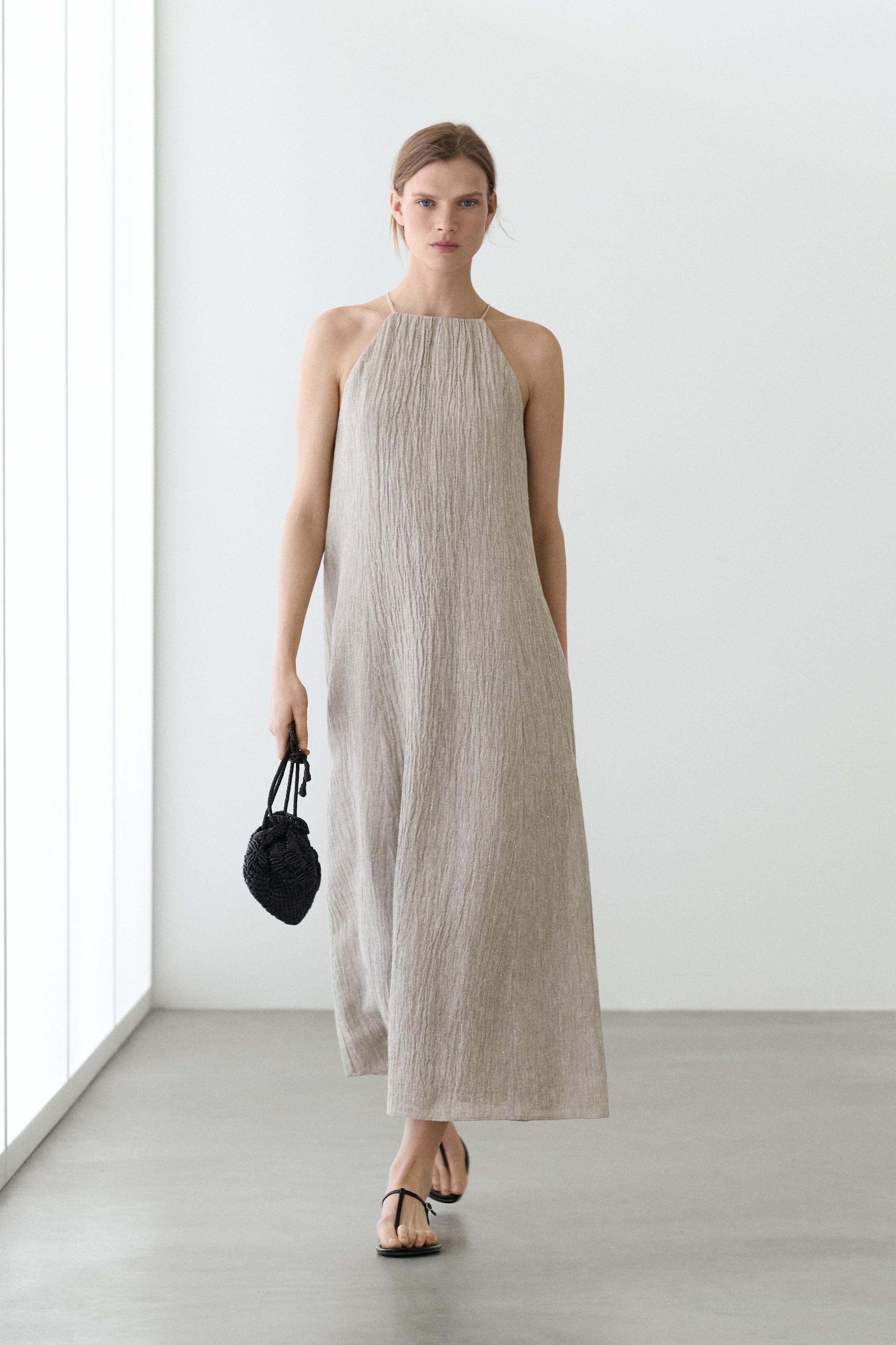 Flowing linen blend dress with gathered neckline Grey Dress | Massimo Dutti Flowing linen blend dress with gathered neckline Grey Dress | Massimo Dutti
