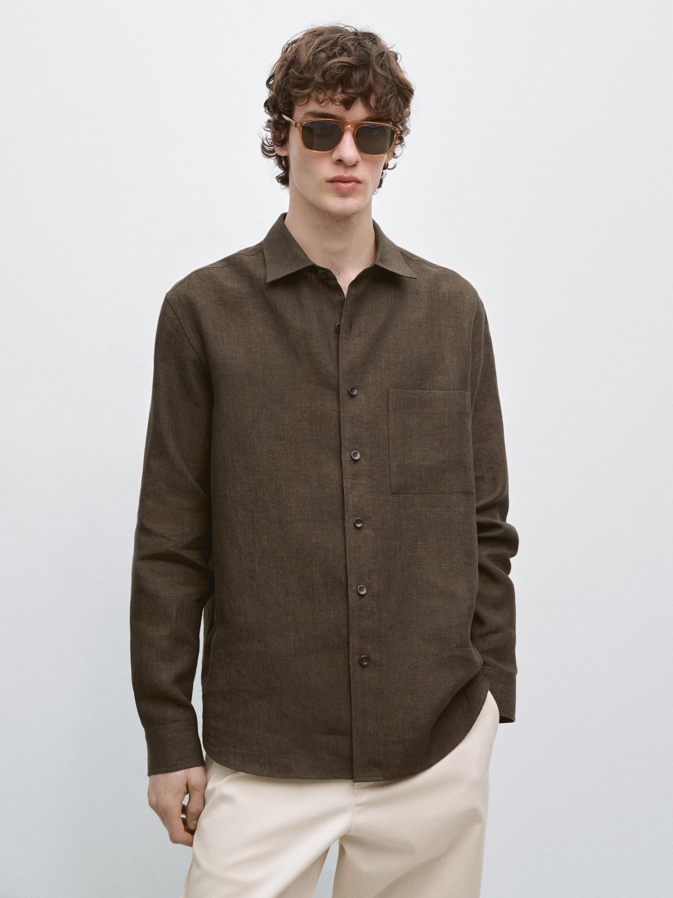 Camicia regular fit délavé con tasca in lino