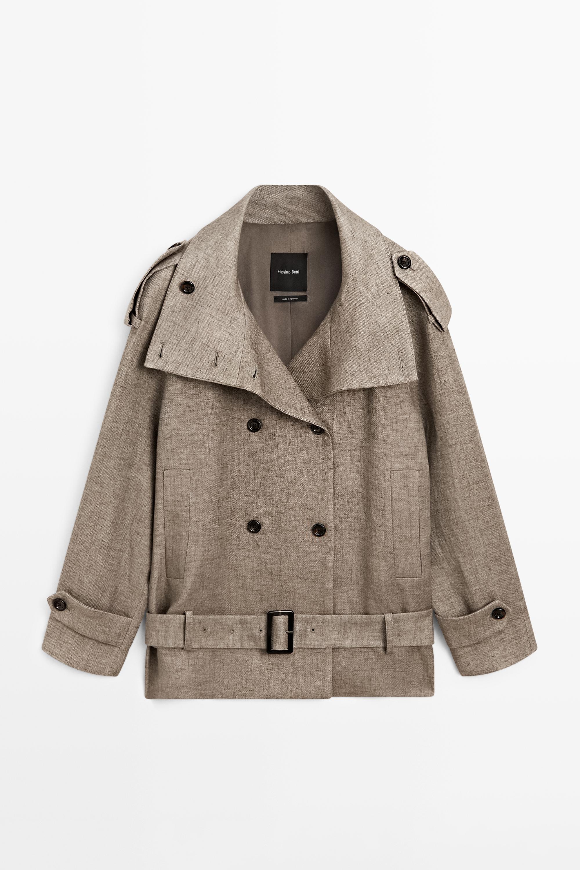 Linen melange high neck trench coat — TAUPE GREY