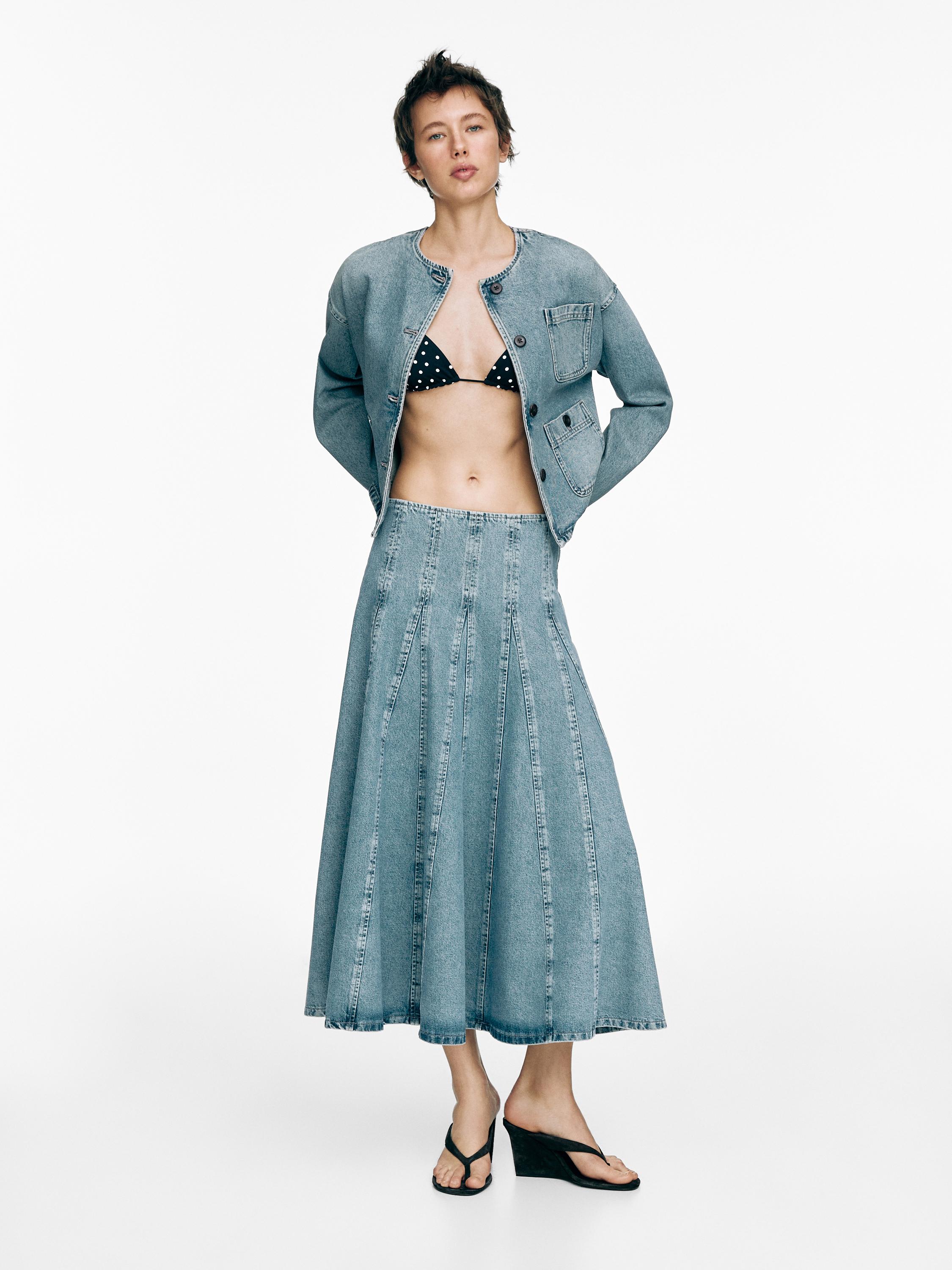 Denim godet midi skirt — Light Blue