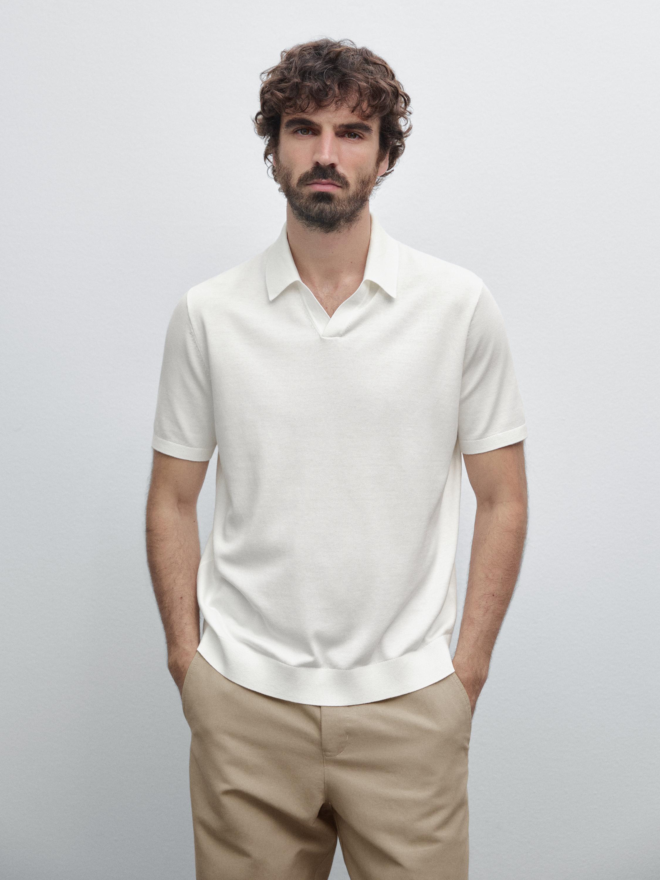 Cotton V-neck knit polo shirt