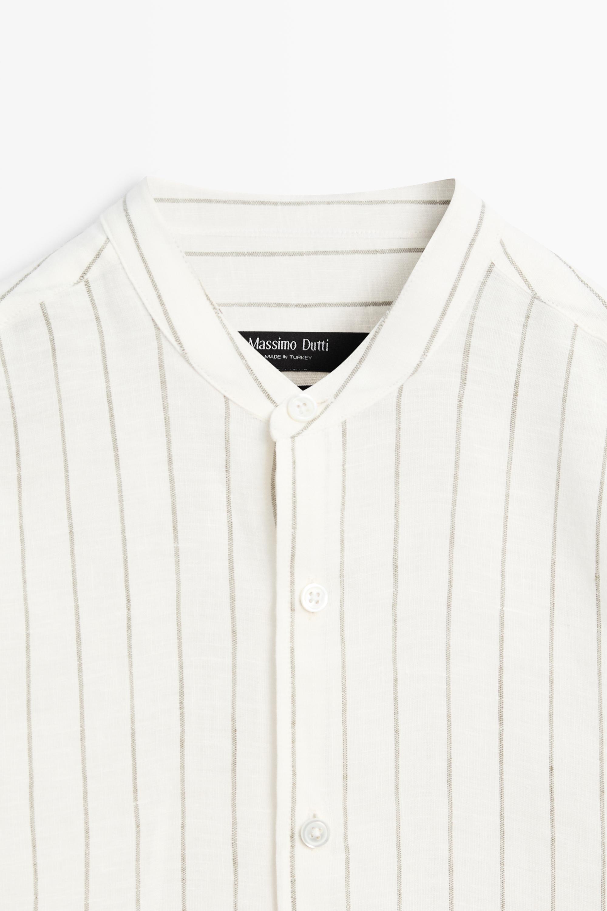 100% linen striped stand collar shirt — SAND