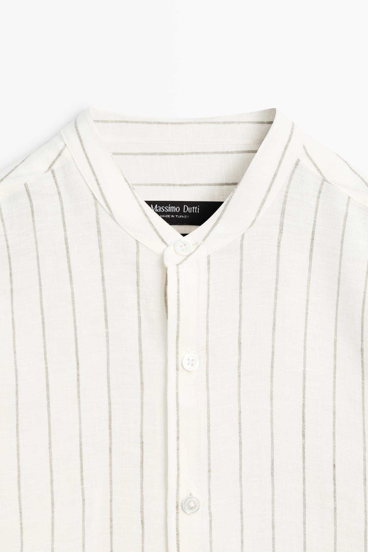 100% linen striped stand collar shirt — SAND