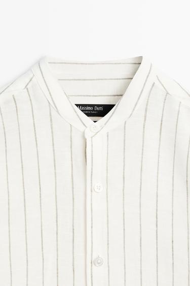 100% linen striped stand collar shirt — SAND 9