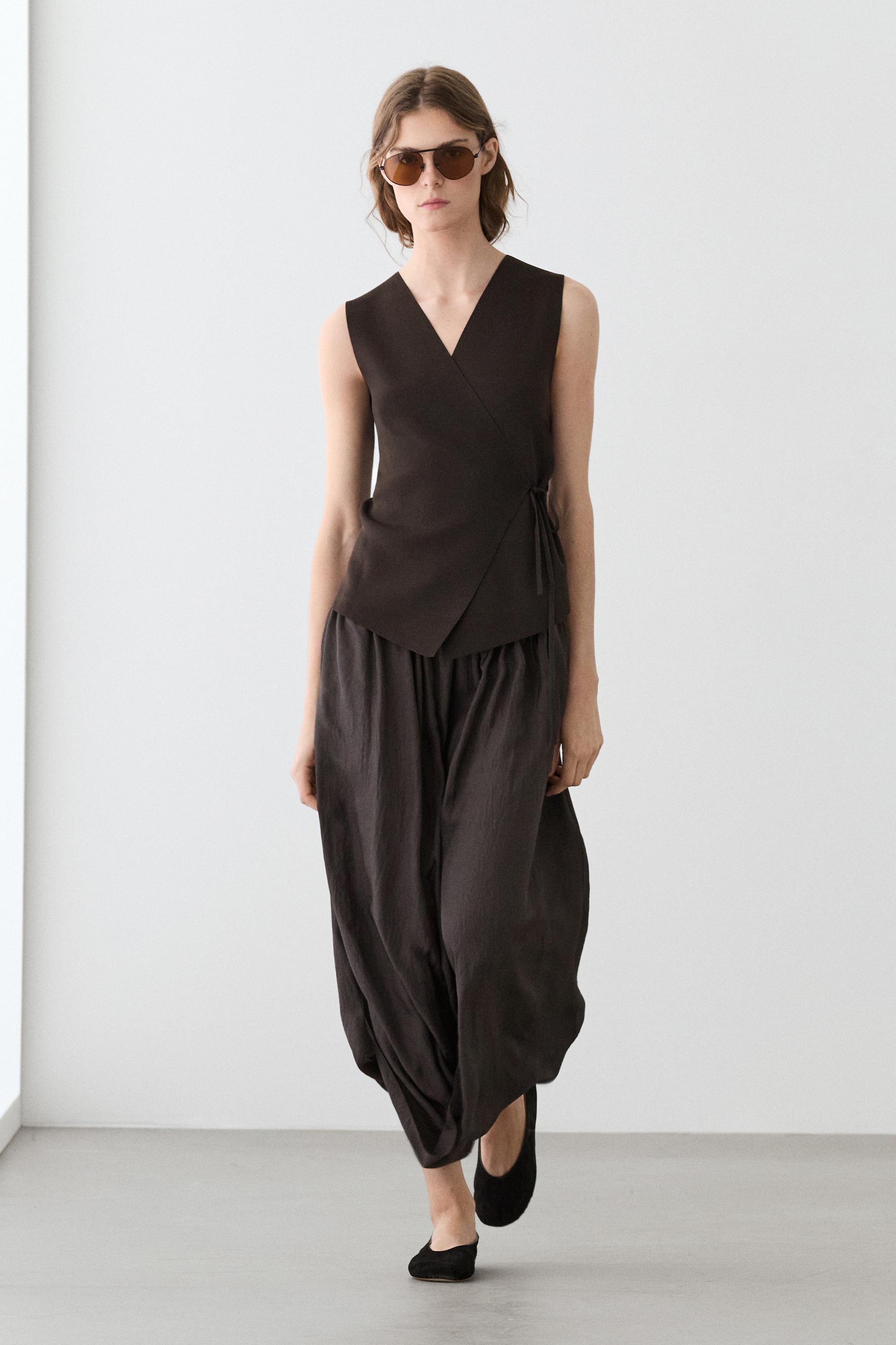 Crossover knit vest with tie detail — BROWN