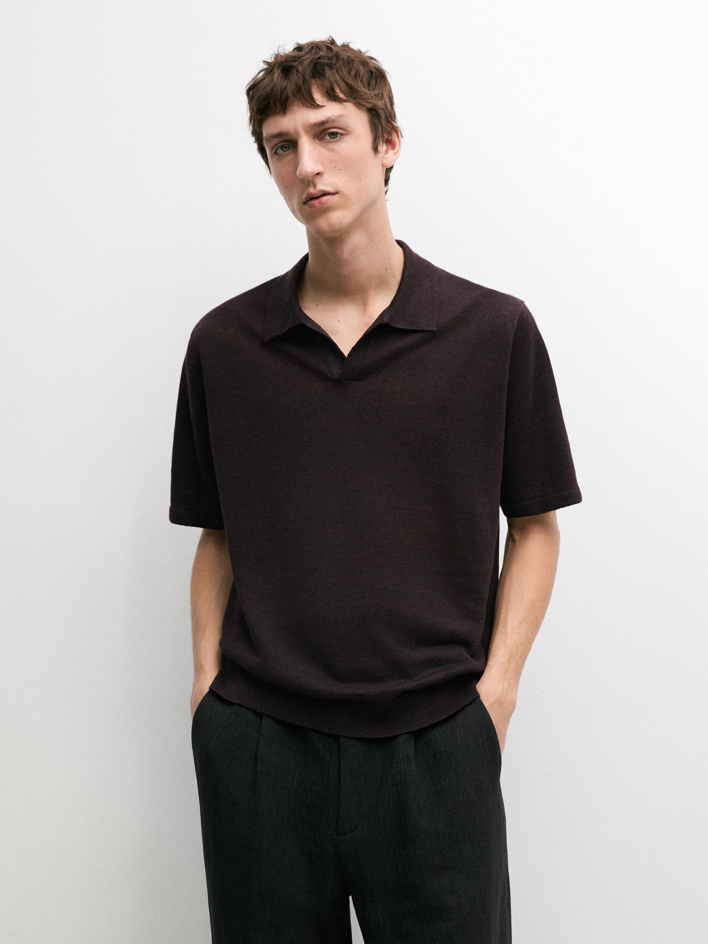 Linen V-neck polo sweater — BURGUNDY