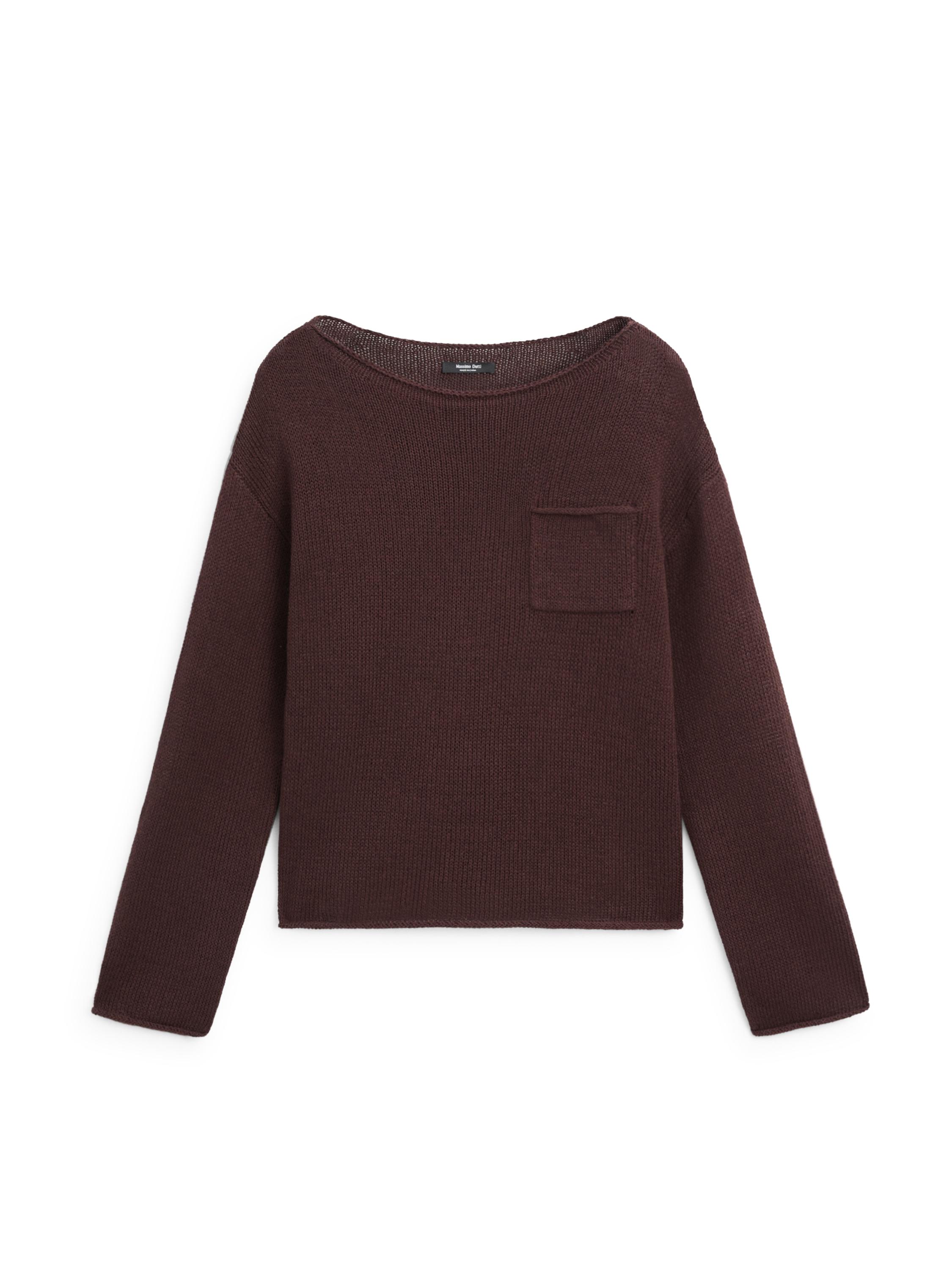 Cotton and linen knit sweater with pocket detail — BROWN