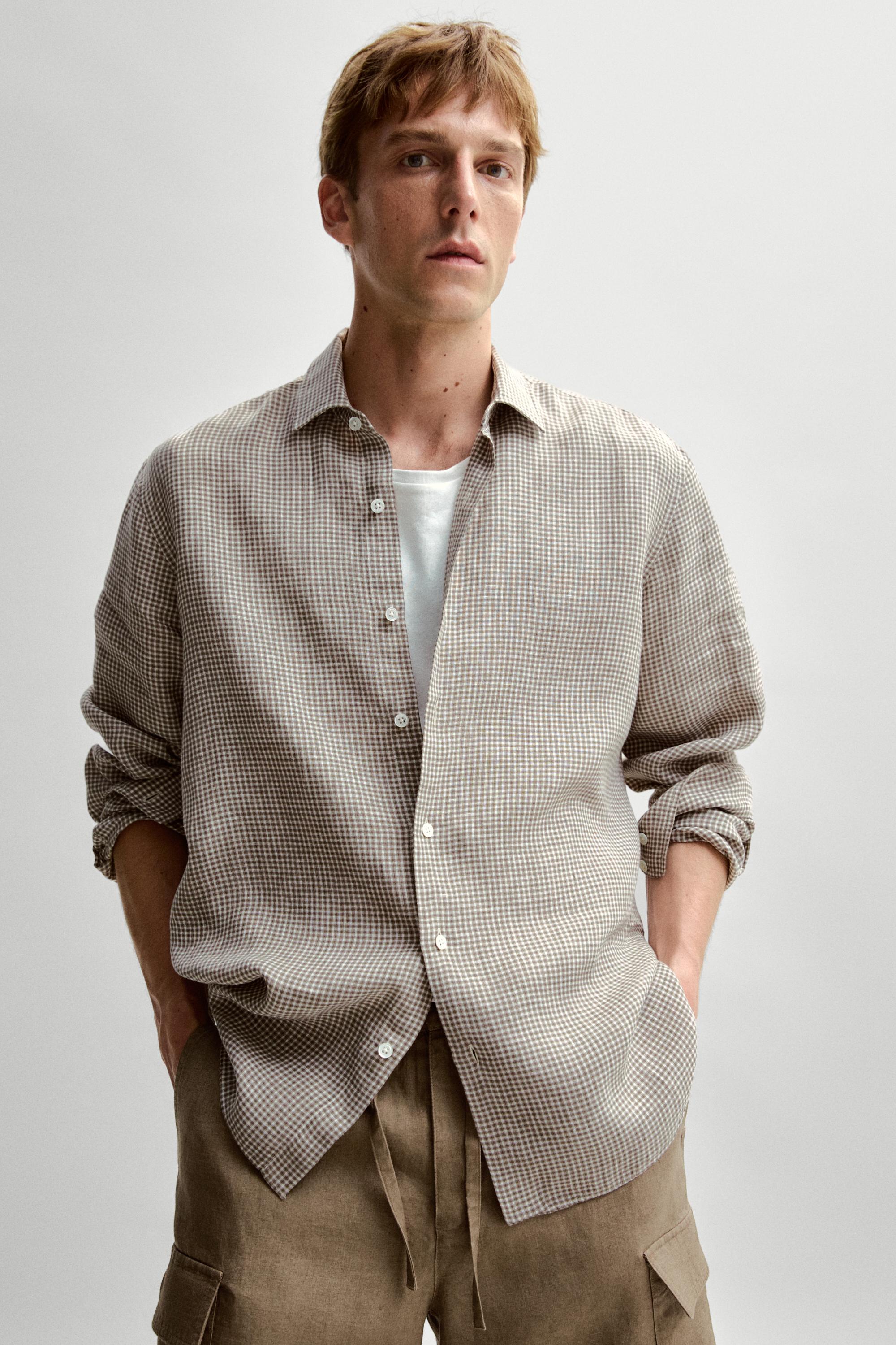 100% linen regular fit check shirt — BROWN