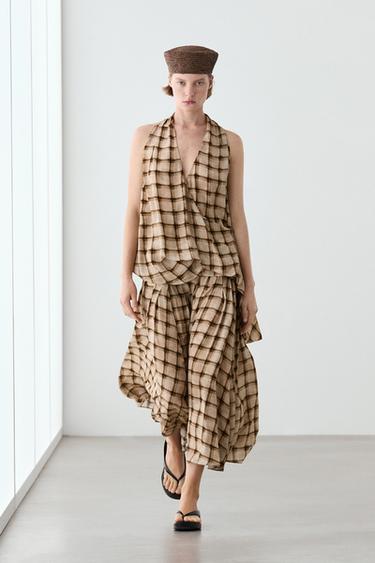 Flowing check print surplice top — BROWN 1