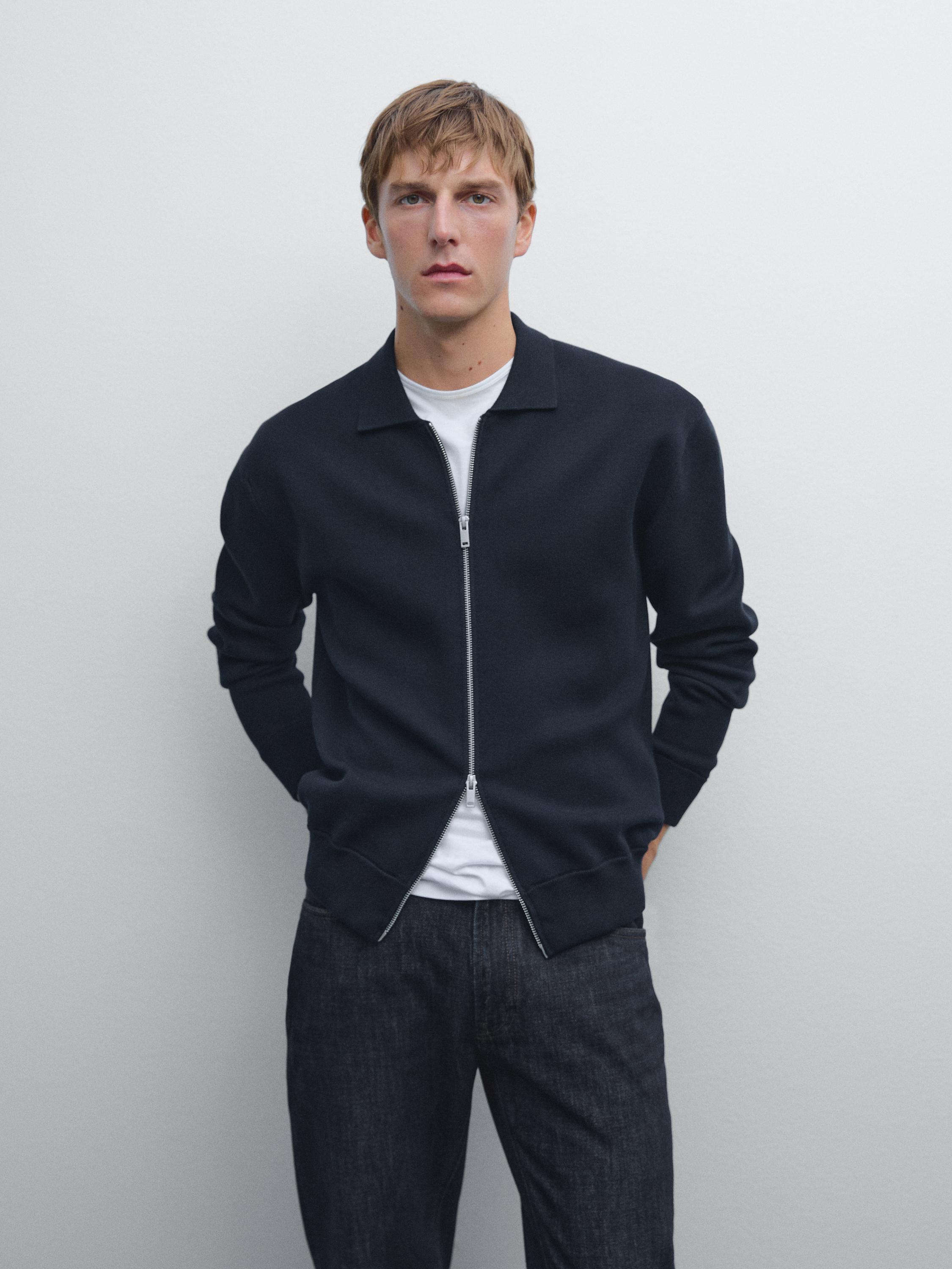 Cotton blend zip-up knit cardigan