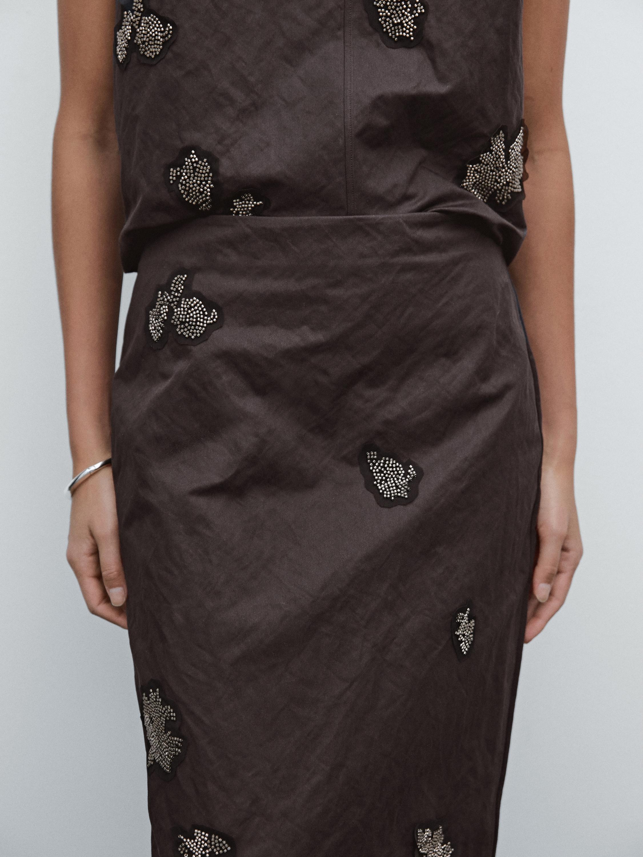 Cotton blend rhinestone midi skirt