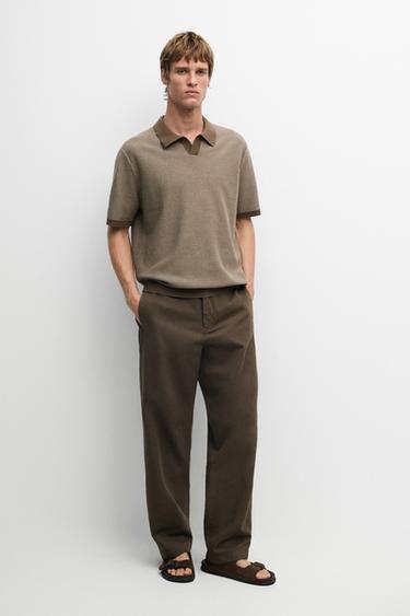 100% cotton contrast knit polo sweater — KHAKI 1