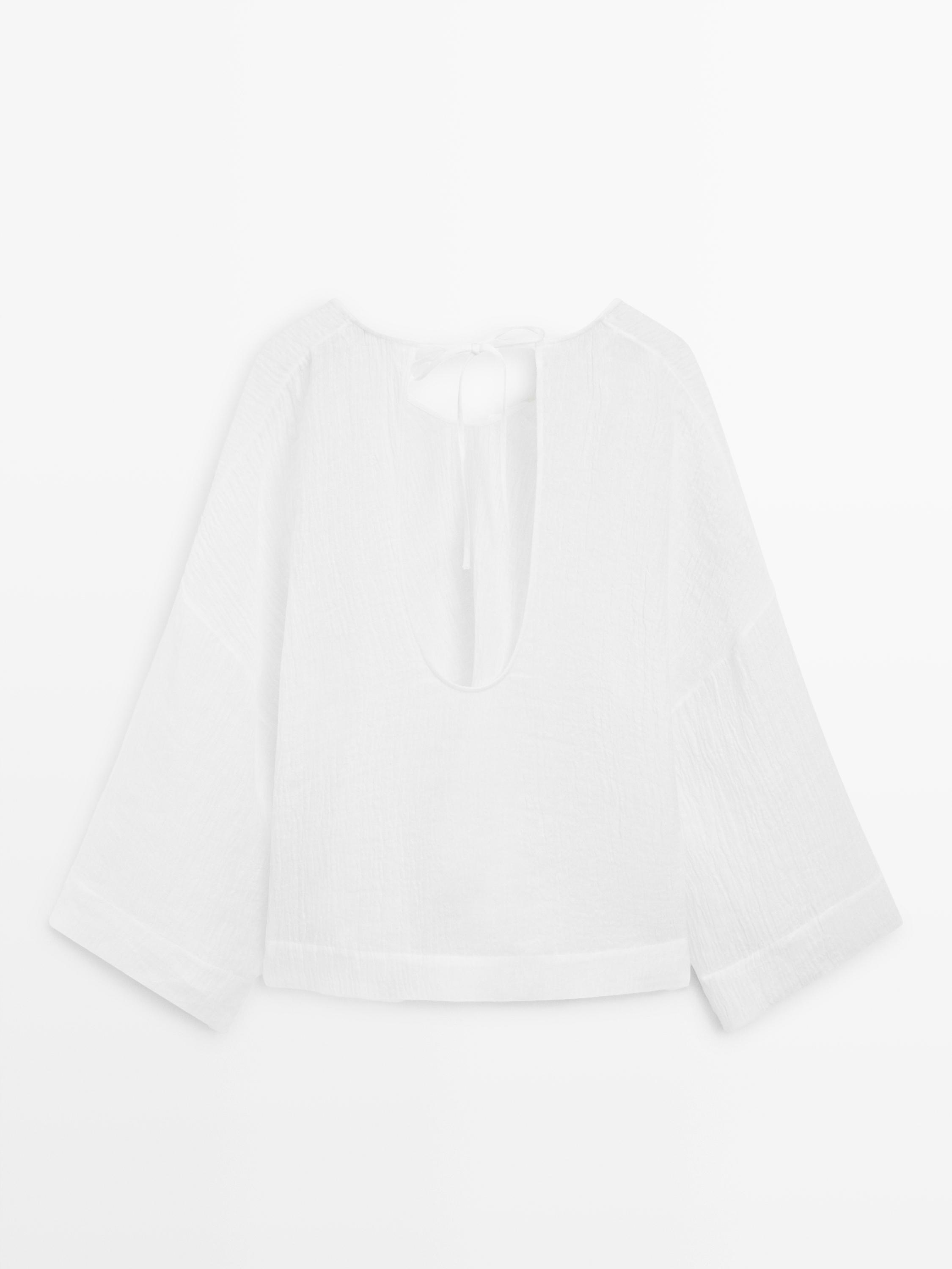 Dökümlü gofre %100 keten bluz