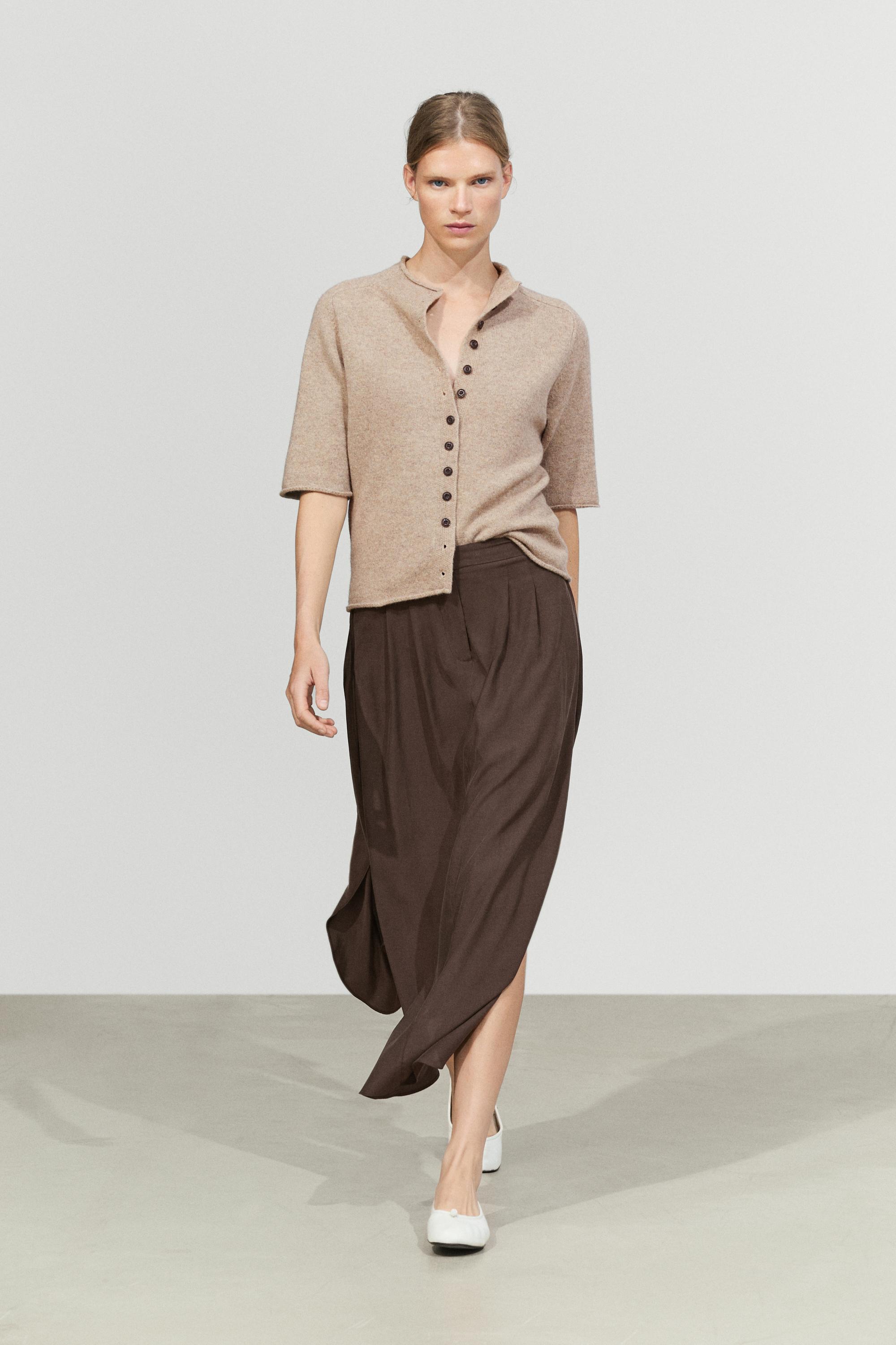 Flowing pleated midi skirt — BROWN