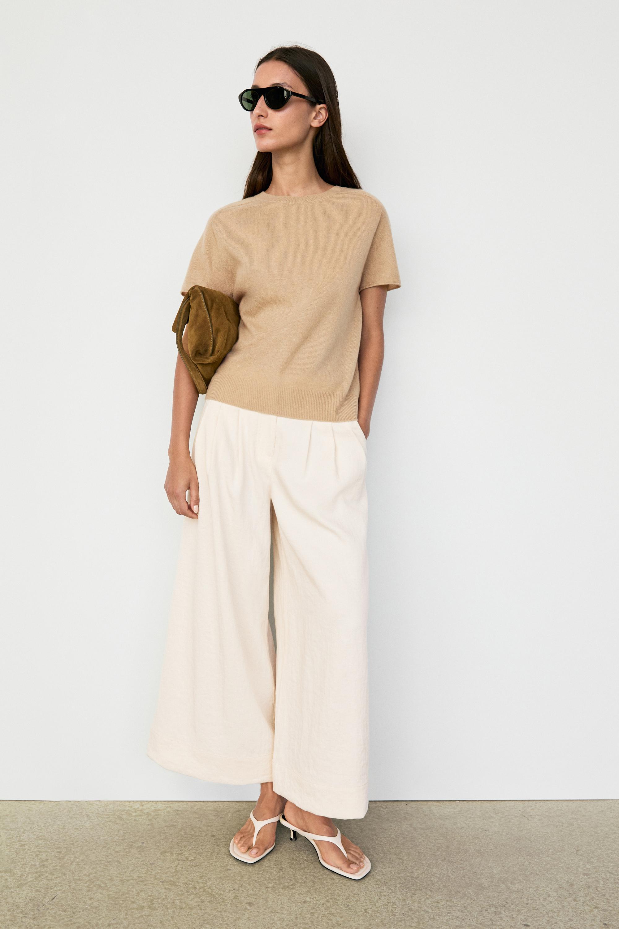 100% cashmere short sleeve knit sweater — CAMEL