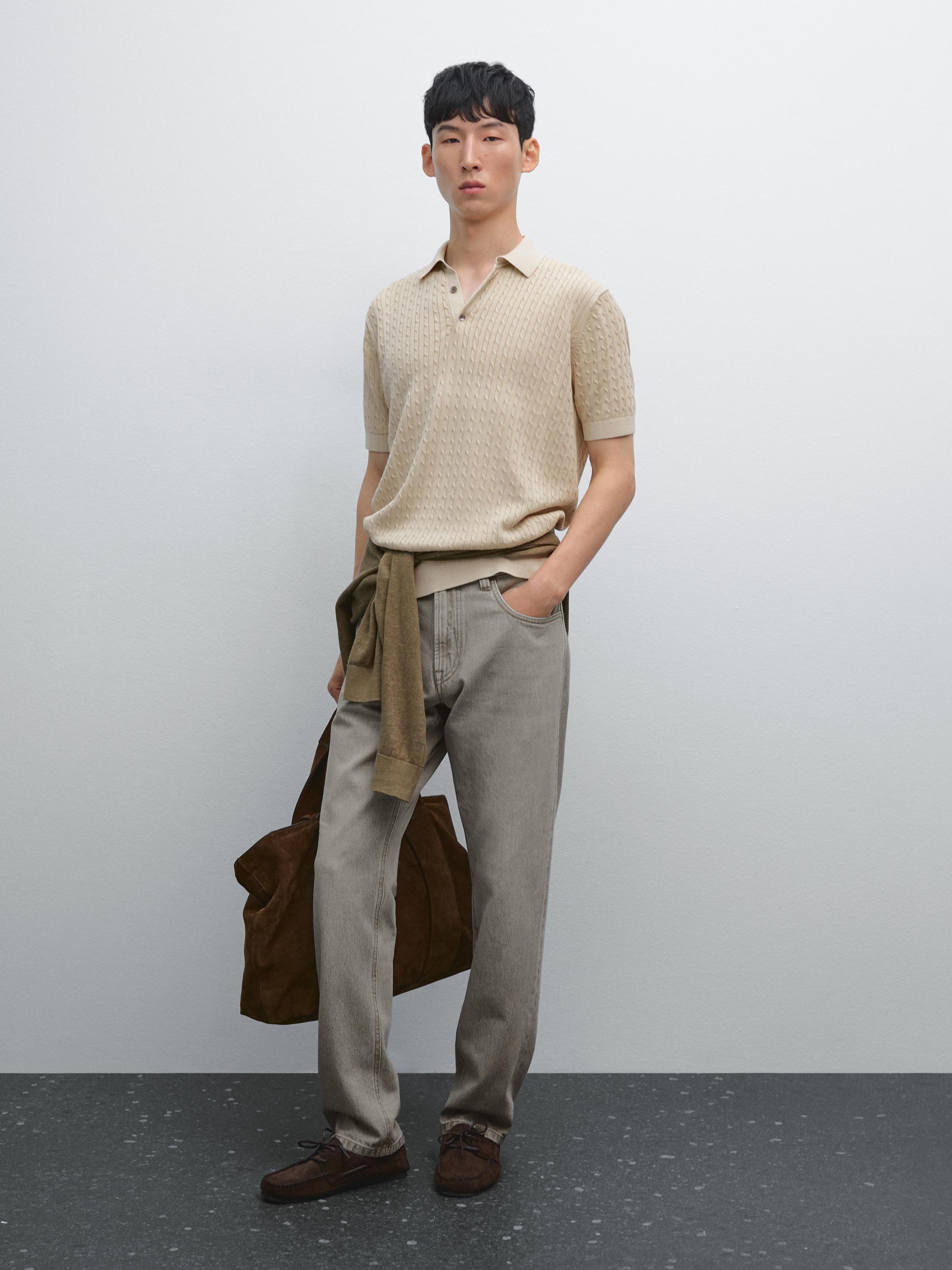 100% cotton cable-knit polo sweater