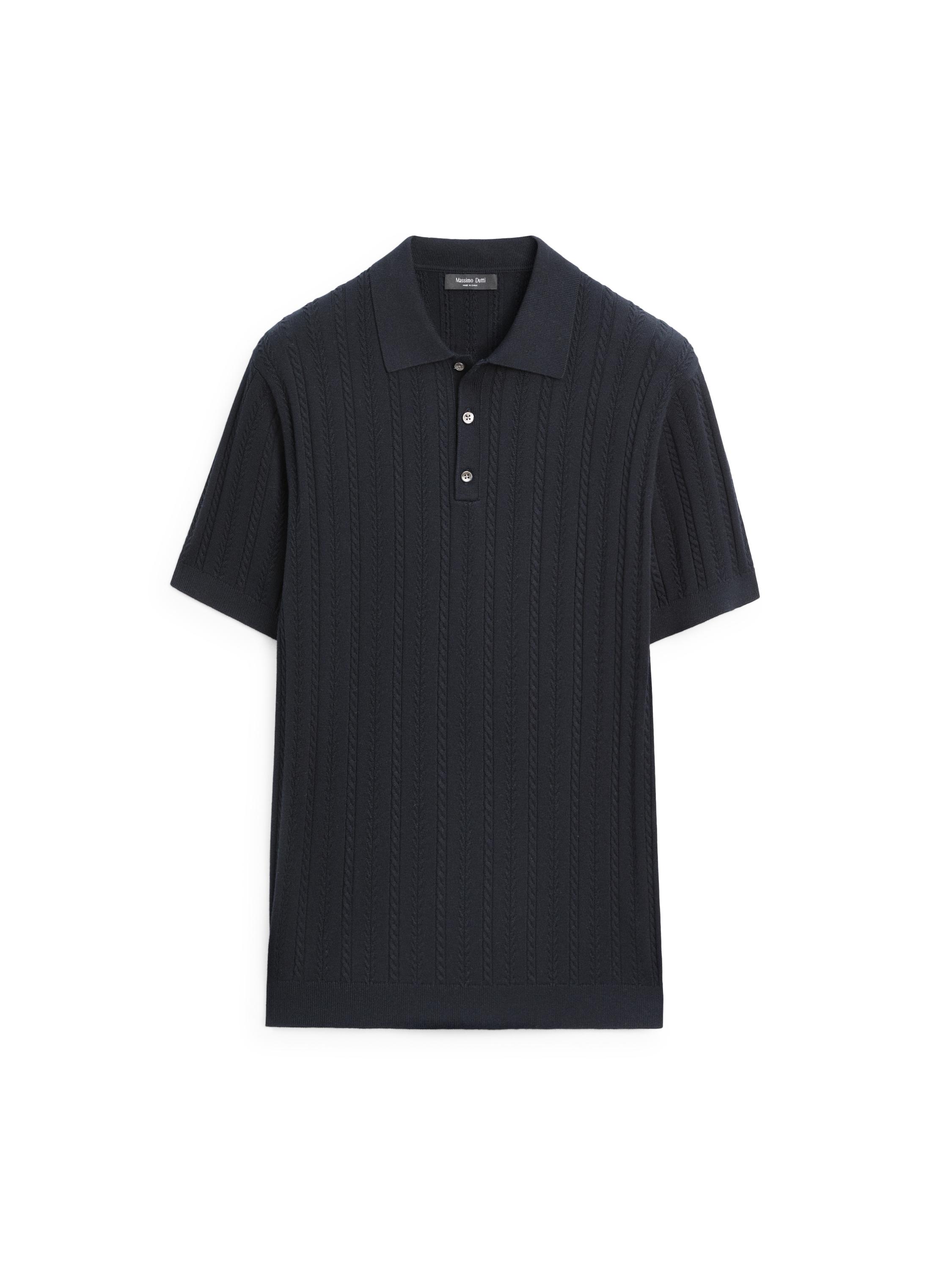 Cotton blend cable-knit polo sweater — NAVY BLUE