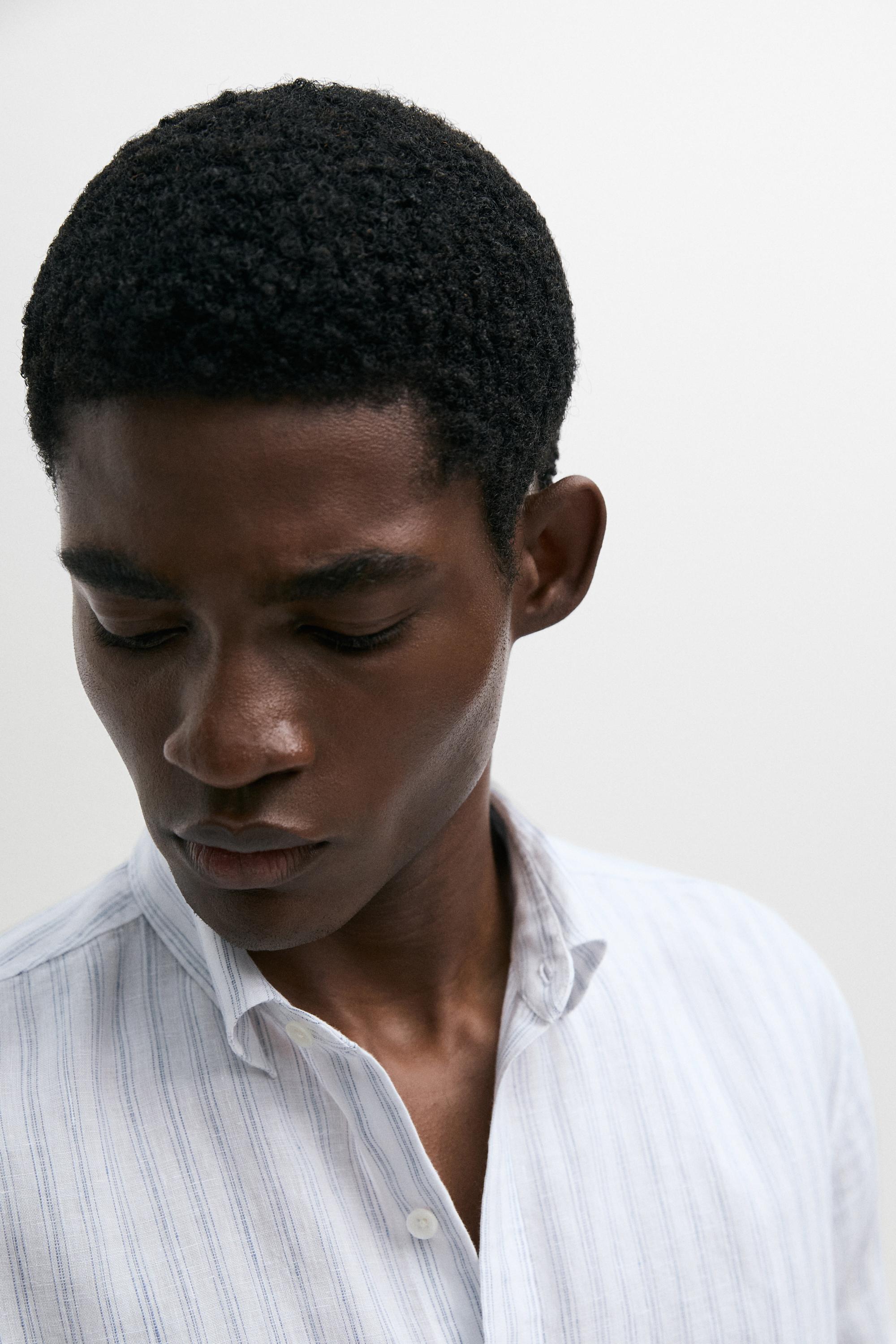 Extra-fine 100% linen striped shirt — Sky blue
