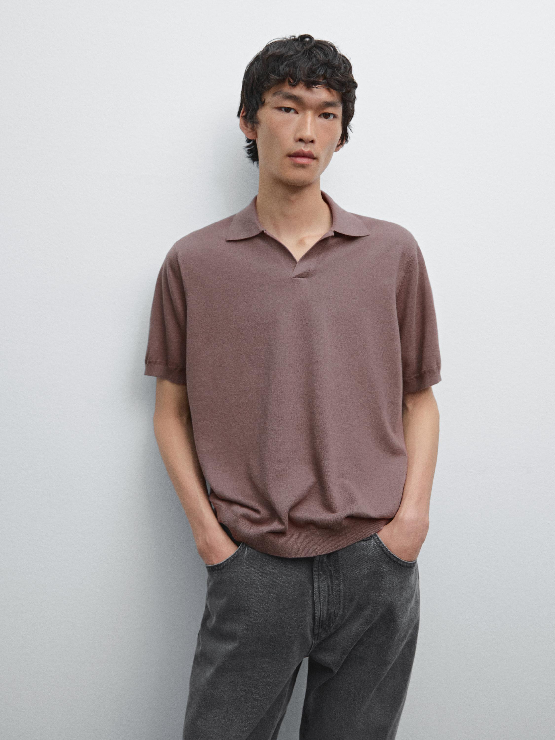 V-neck knitted polo shirt with linen