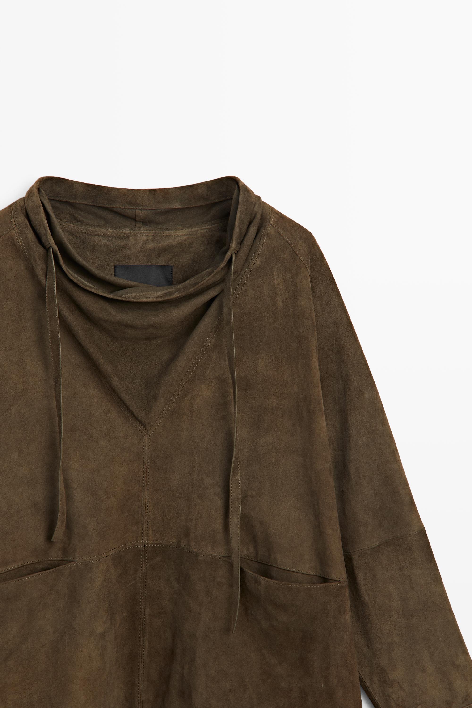 High-neck suede shirt — KHAKI