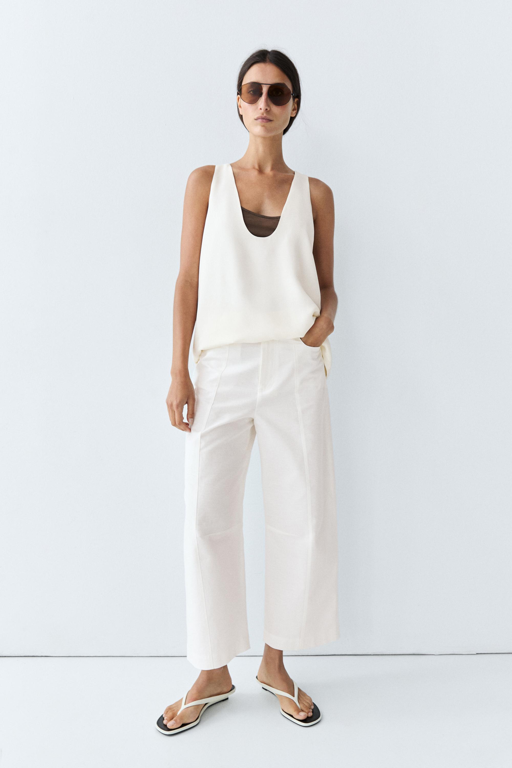 Cotton linen blend barrel fit pants — Off white