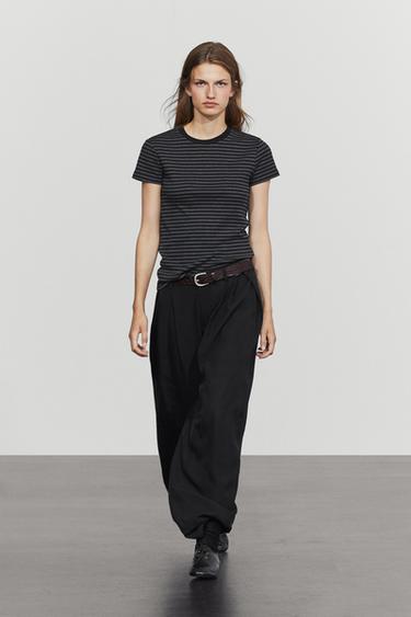 Ribbed striped short sleeve T-shirt — BLACK 1