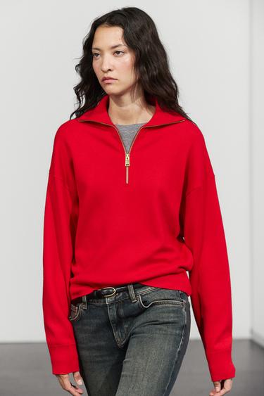 Cotton knit polo sweater with quarter-zip collar — RED 3