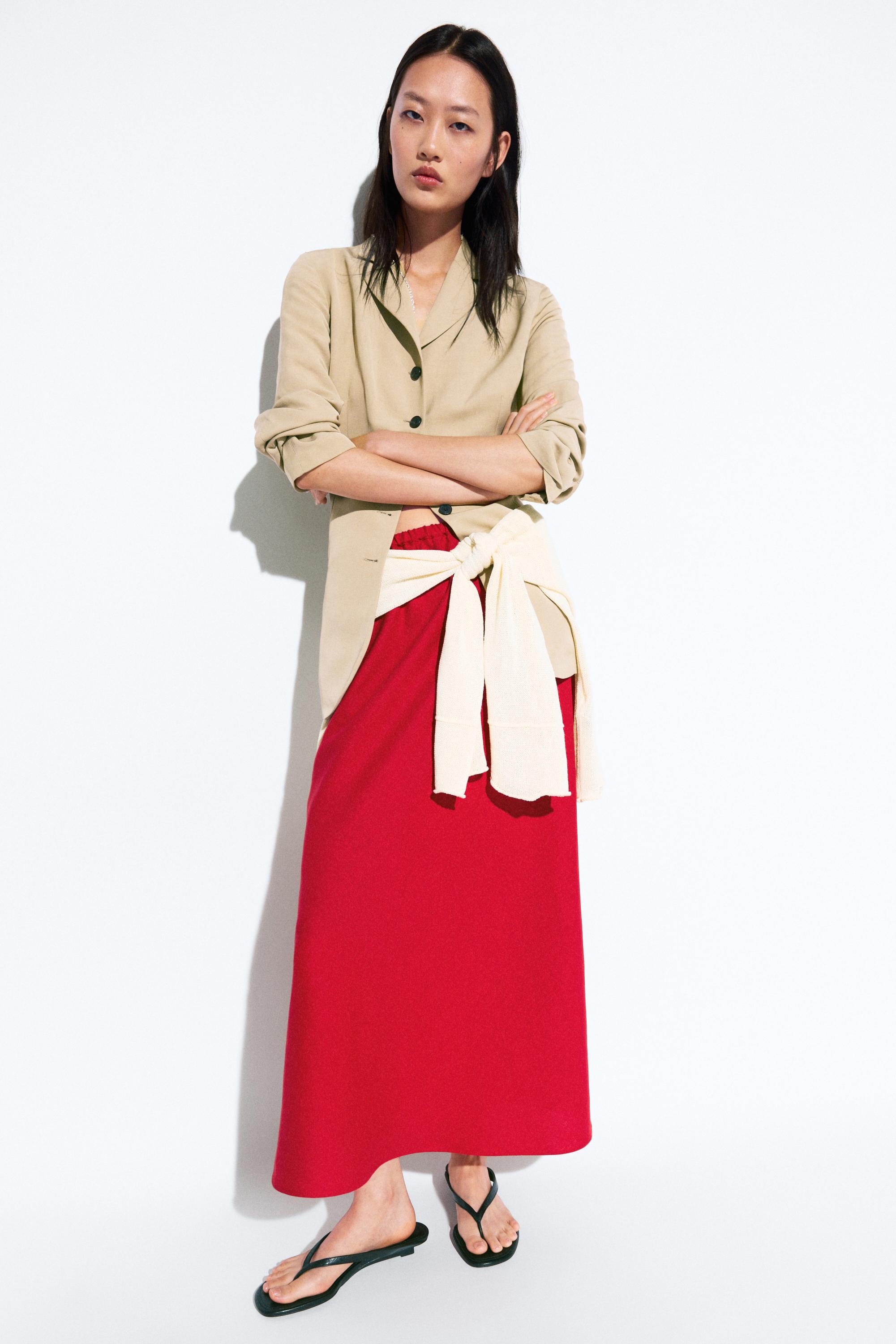 100% linen elasticated midi skirt — RED