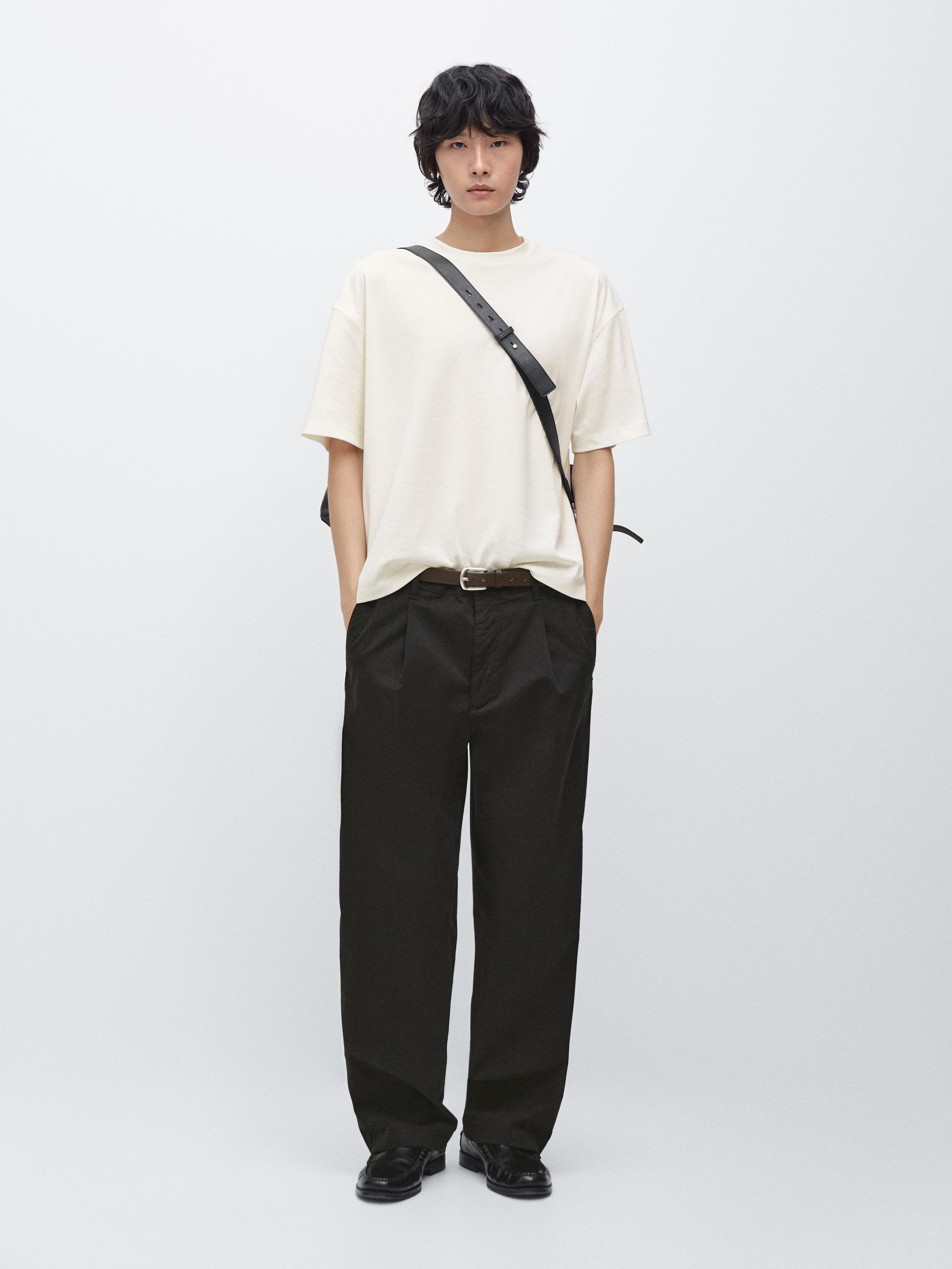 Pantalón Barrel Fit Mezcla Algodón - Negro - 44 - Massimo Dutti - Hombre