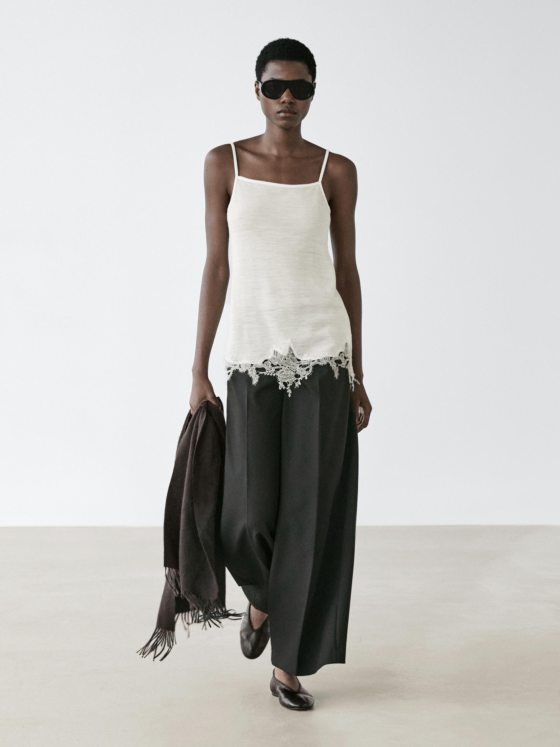 Top Nuisette À Dentelle - Cru - L - Massimo Dutti - Femme