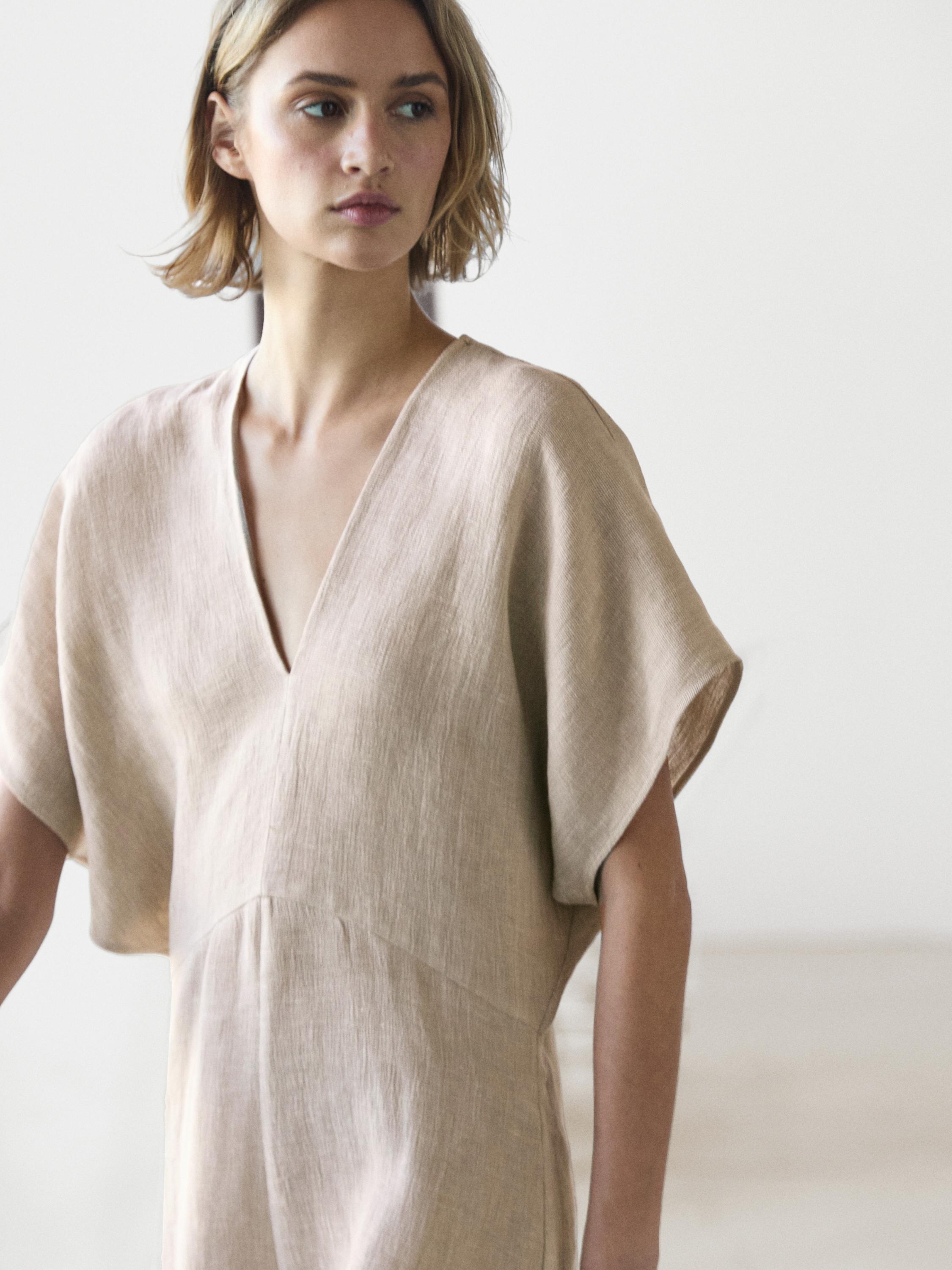 Lightweight Short Sleeve Linen Midi Dress - Cream - 4 - Massimo Dutti - Women Lightweight Short Sleeve Linen Midi Dress - Cream - 4 - Massimo Dutti - Women
