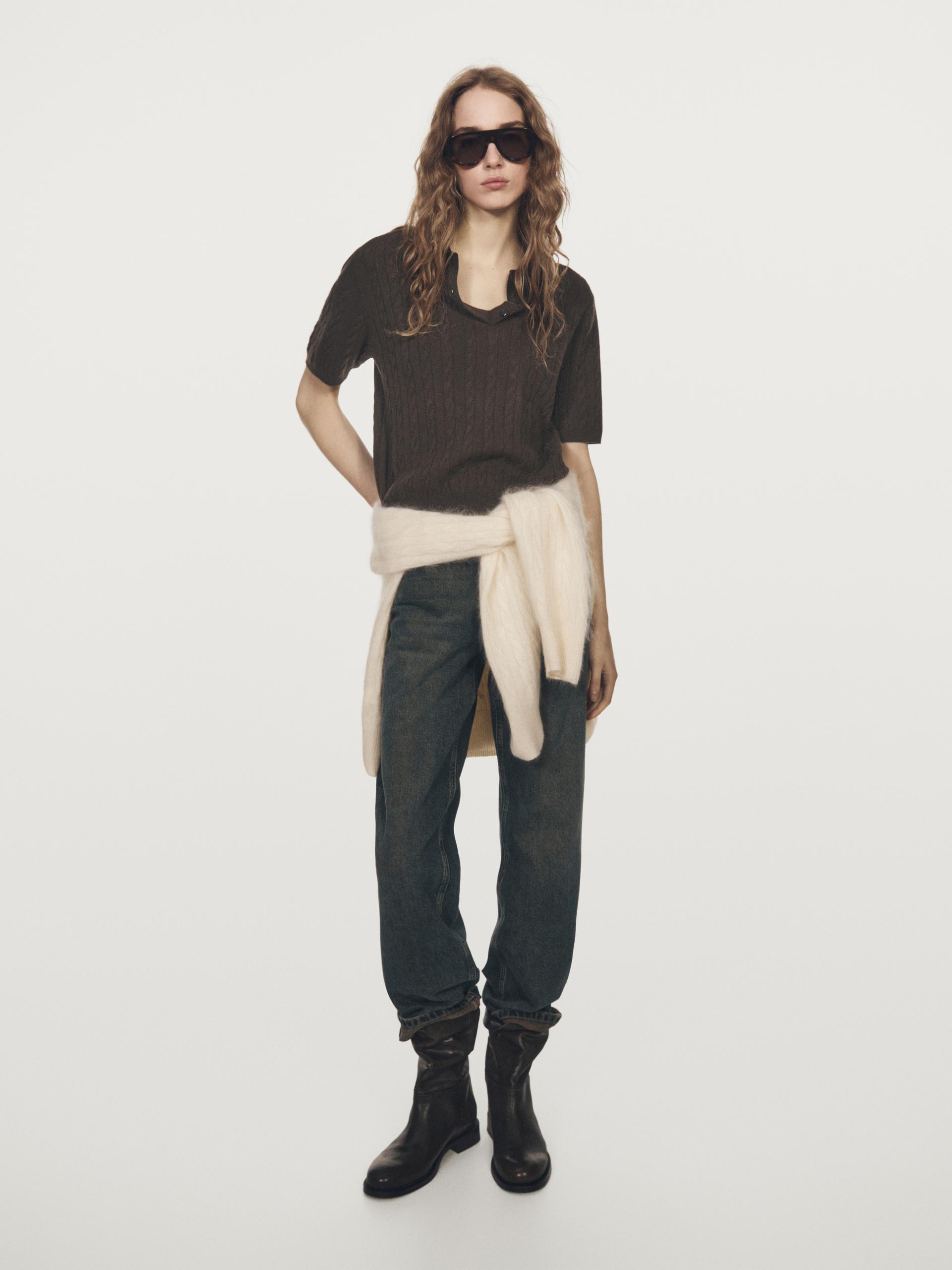 Massimo Dutti - Dames - Kabelmotief Polo Met Korte Mouw - Chocolade - Xs