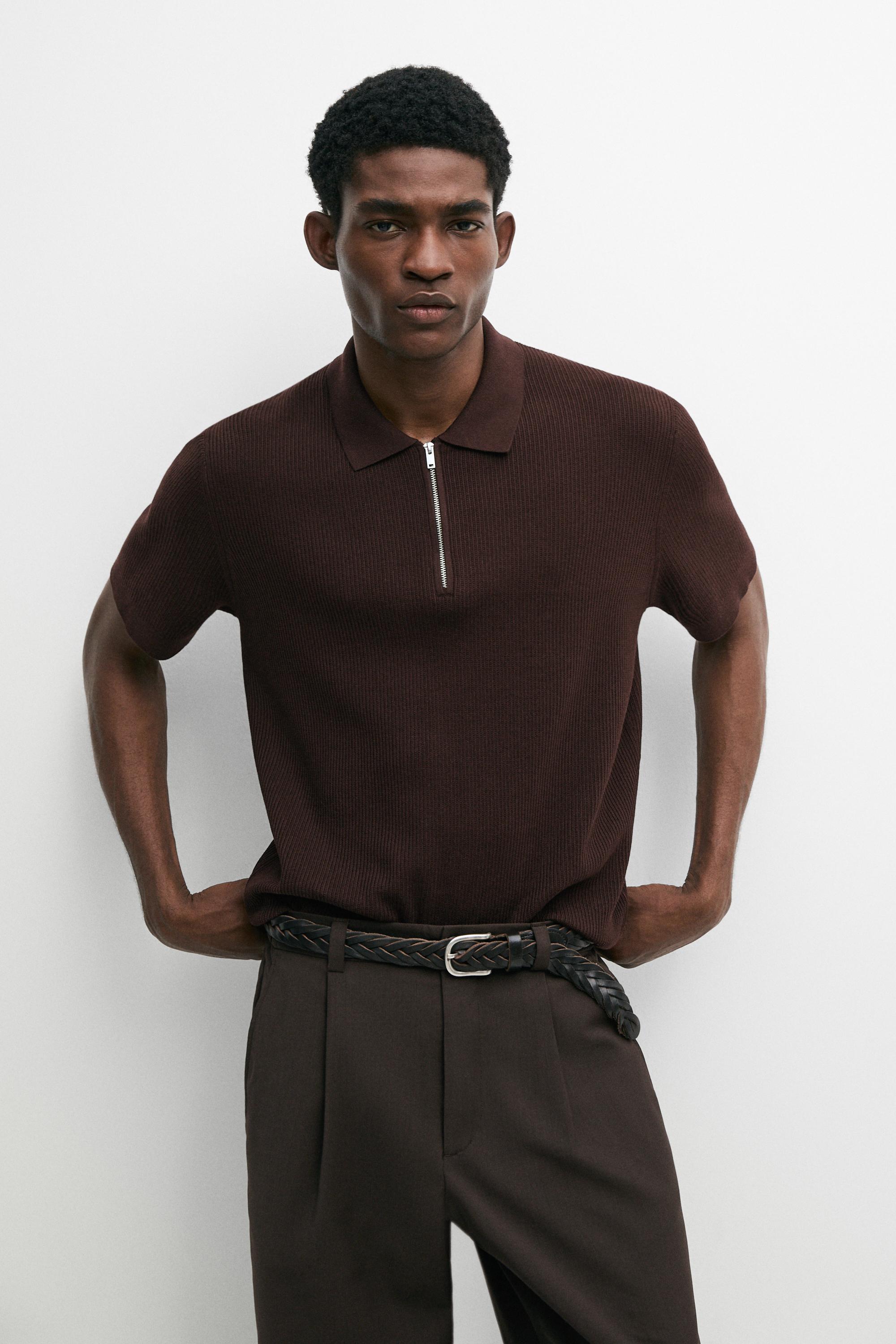 Knit polo sweater with quarter-zip collar — BURGUNDY