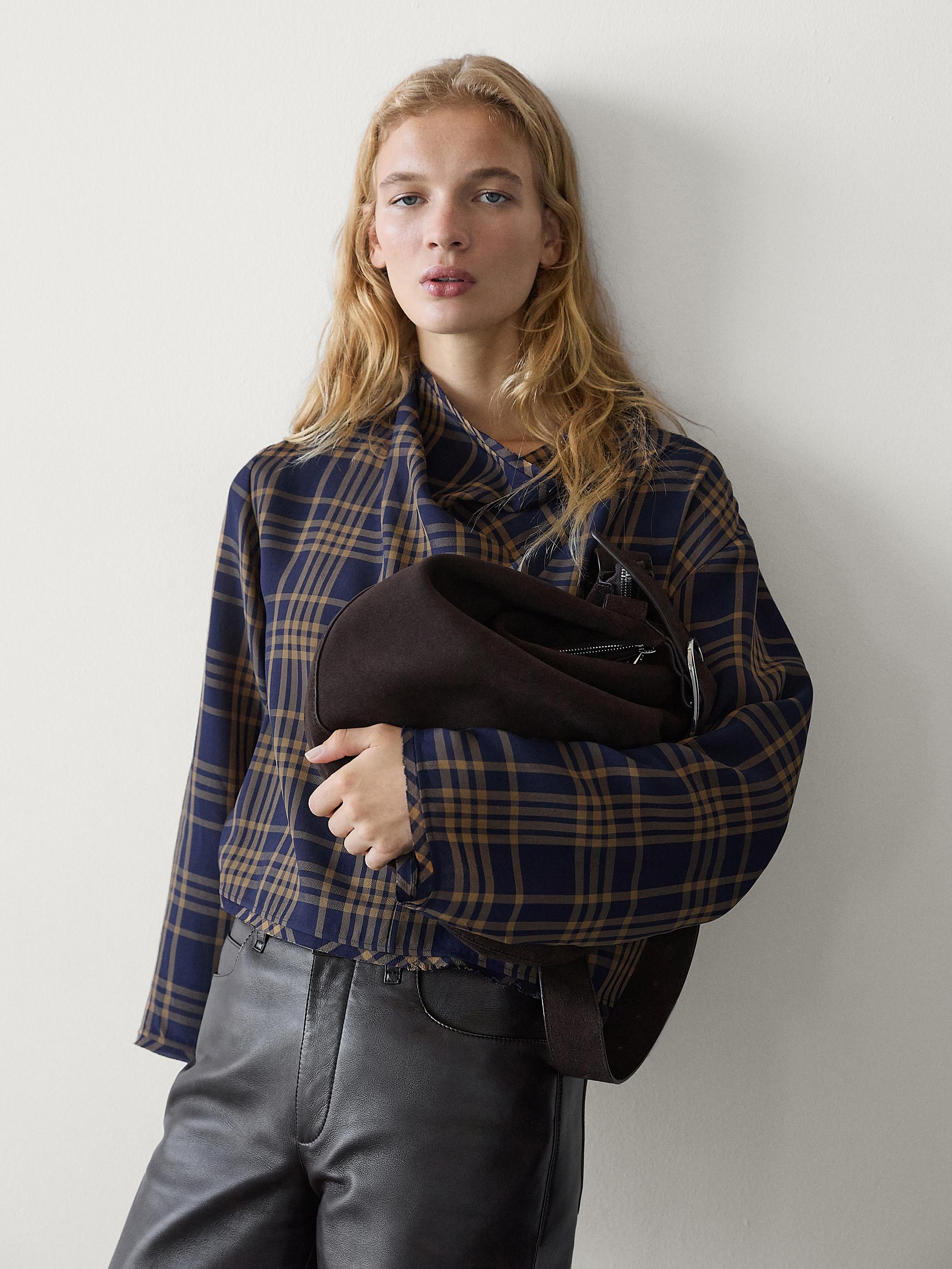 Plaid shirt with draped neckline