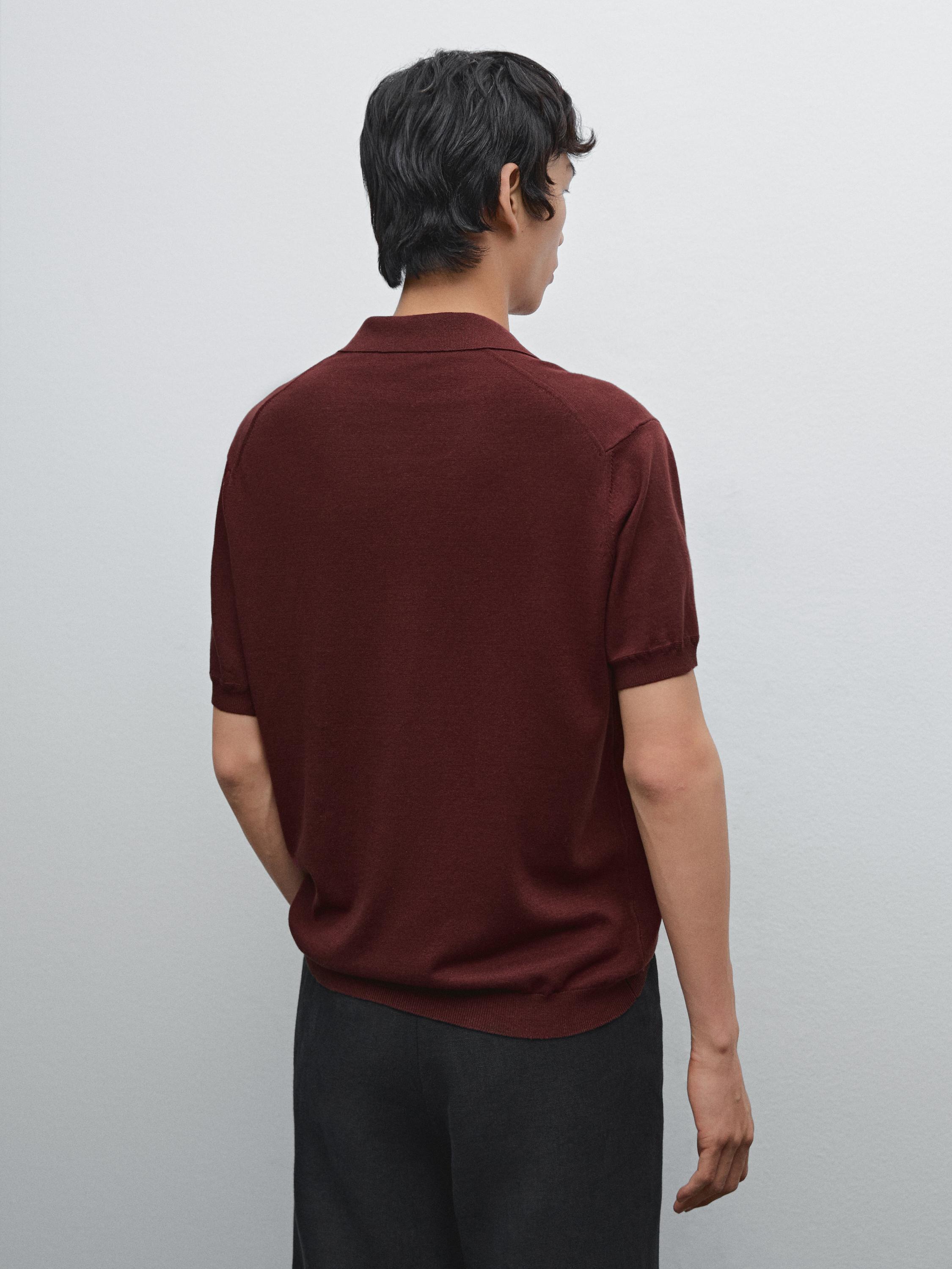 Linen blend knit V-neck polo shirt