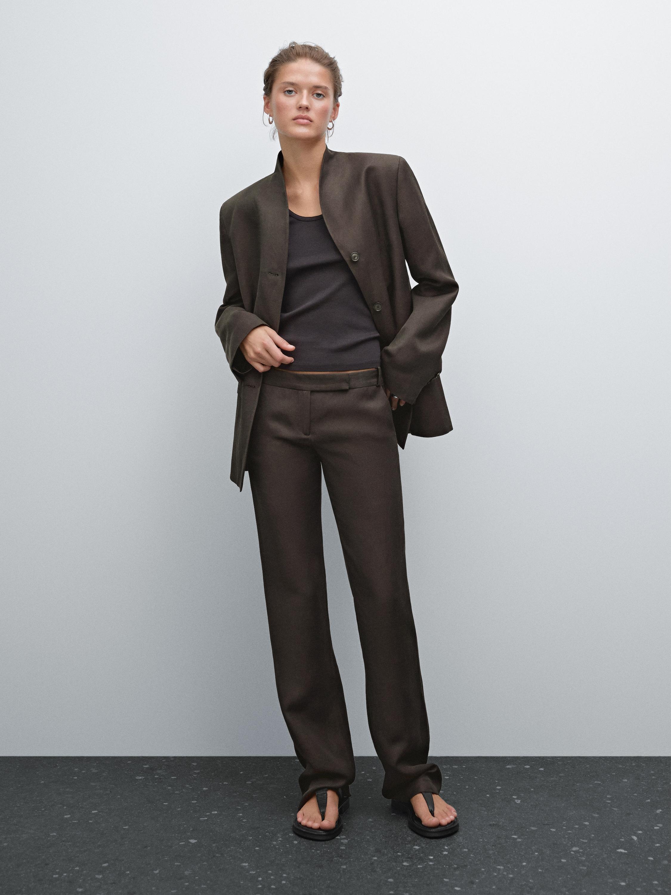 Straight fit linen blend trousers