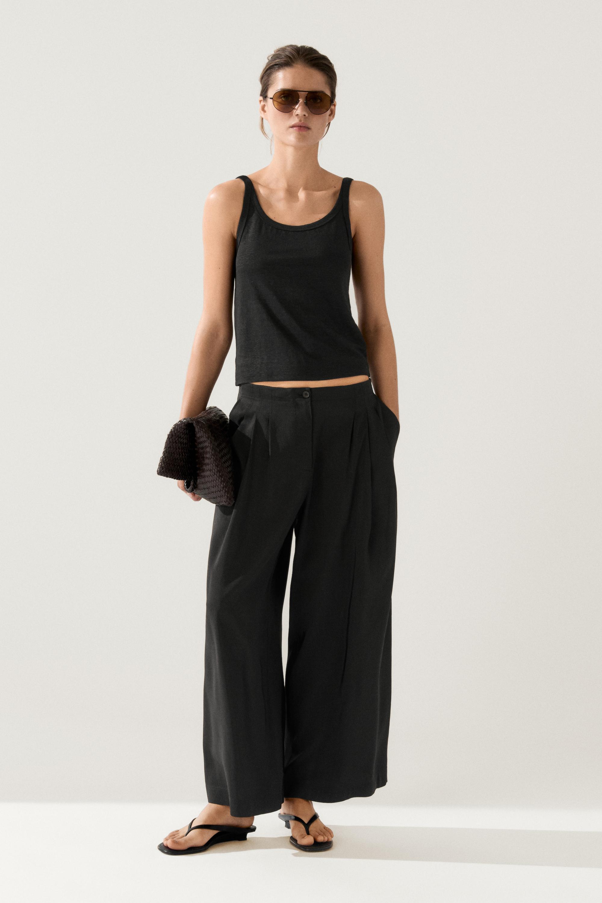 Flowing linen blend trousers — BLACK