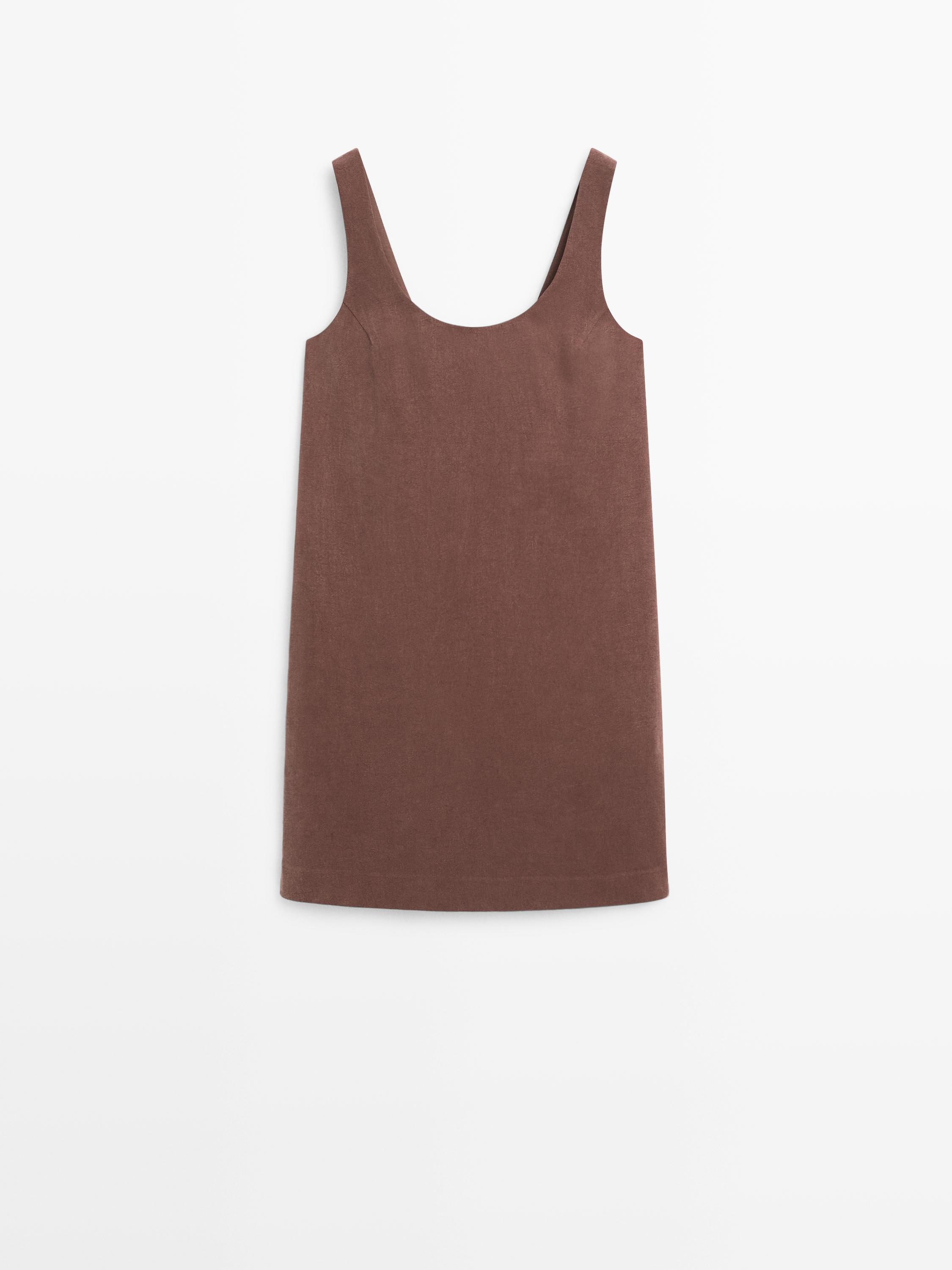 Front view of a dark red sleeveless mini dress with a straight cut and round neckline.