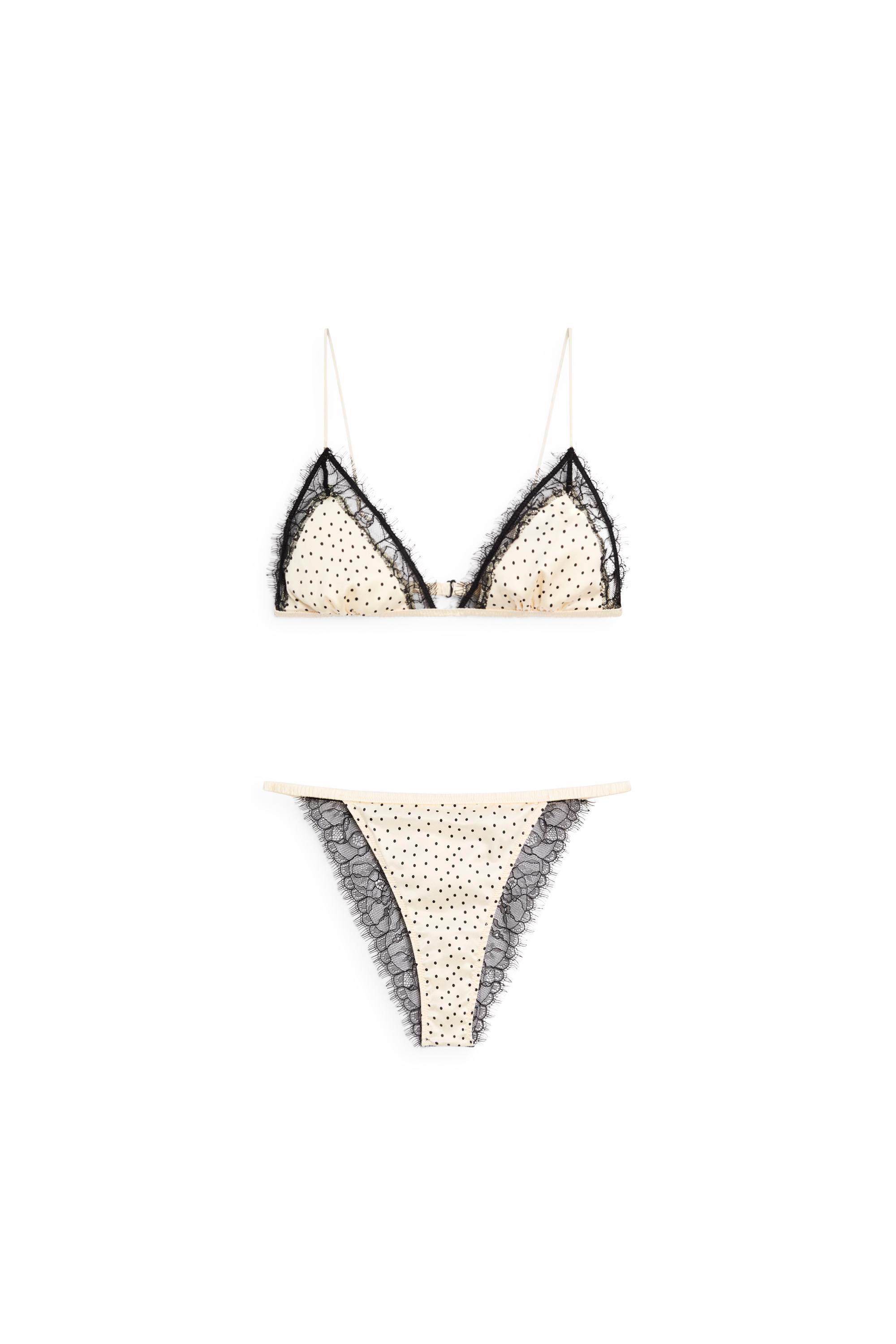 Lace-trimmed polka dot triangle bra — CREAM