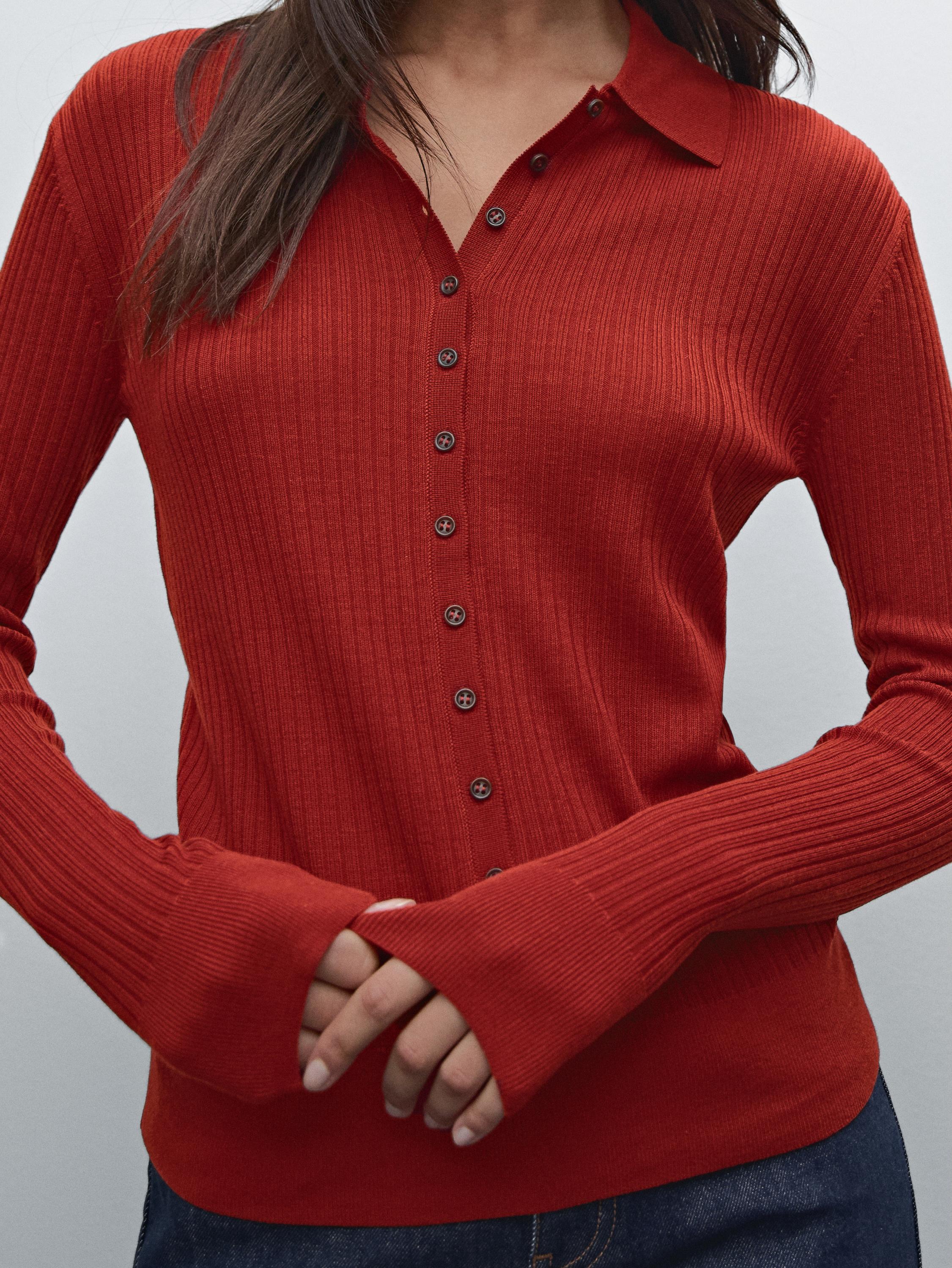 Ribbed knit sweater with polo collar and buttons
