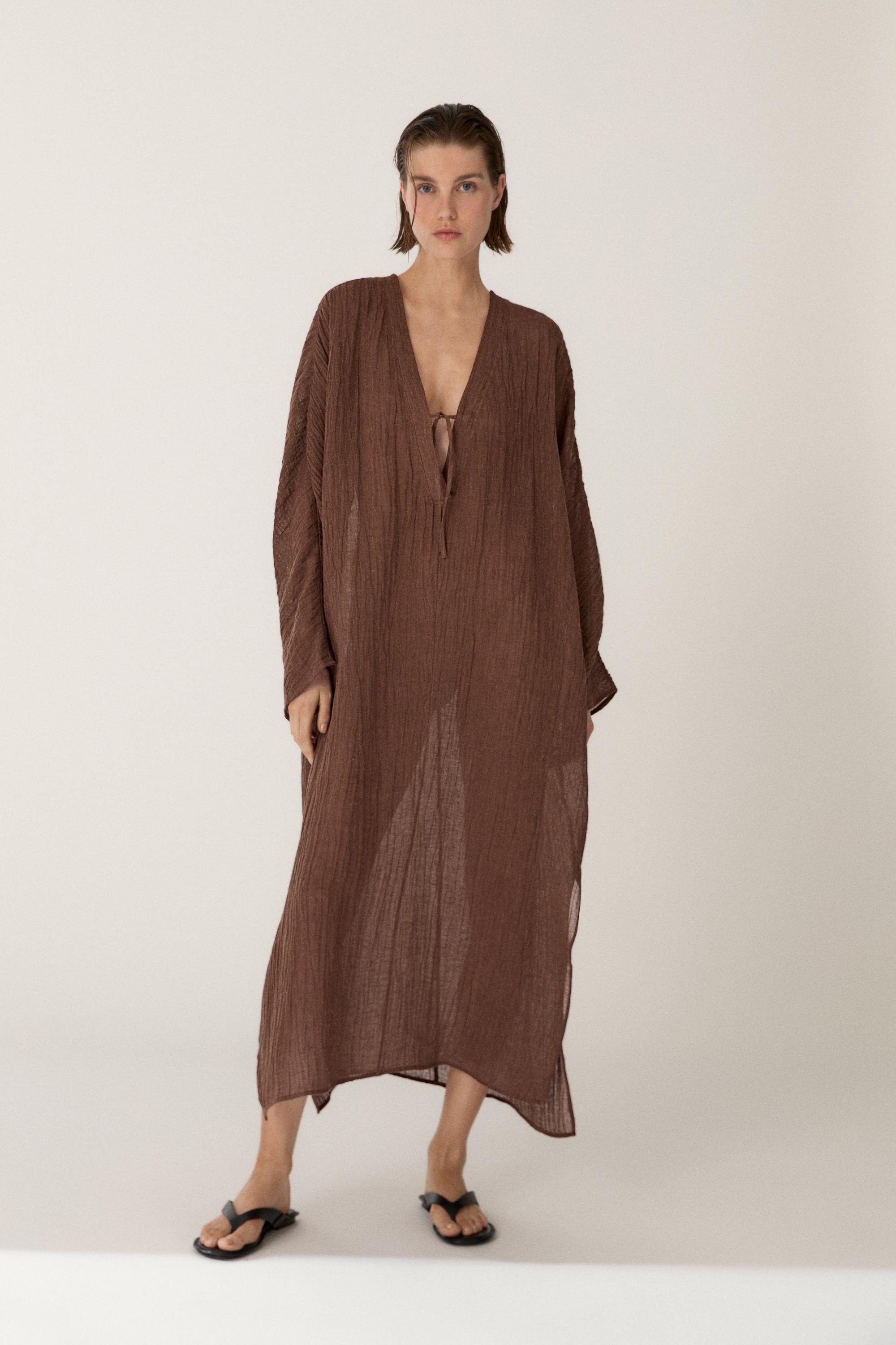 Linen blend kaftan dress with tied neckline - OCHRE