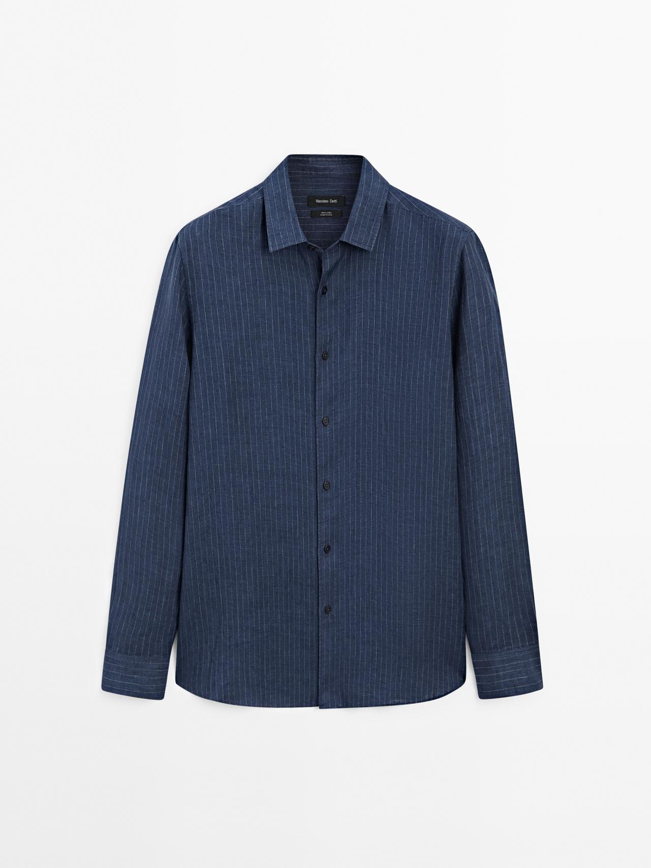 Massimo Dutti - Herre - Regular Fit Skjorte I Forvasket Hør - Blå - Xl