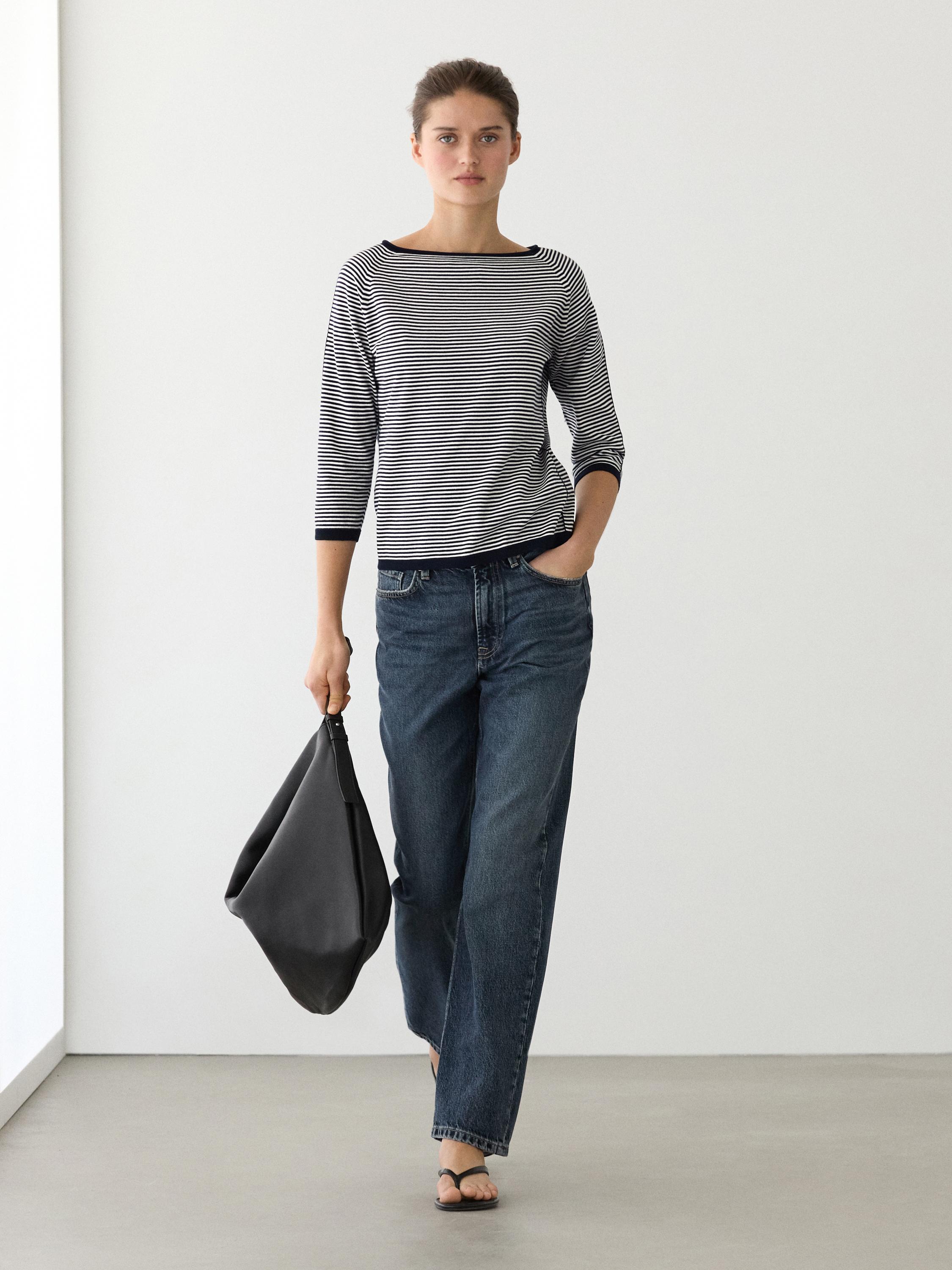 100% cotton striped knit sweater — NAVY BLUE