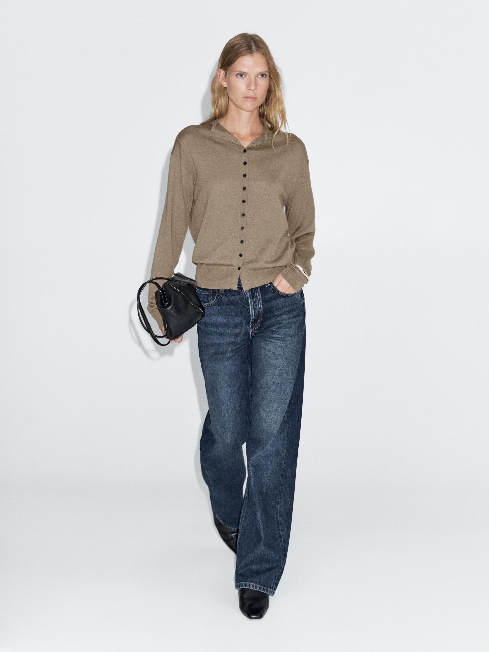 Cárdigan Punto Cuello Perkins - Verdoso - S - Massimo Dutti - Mujer