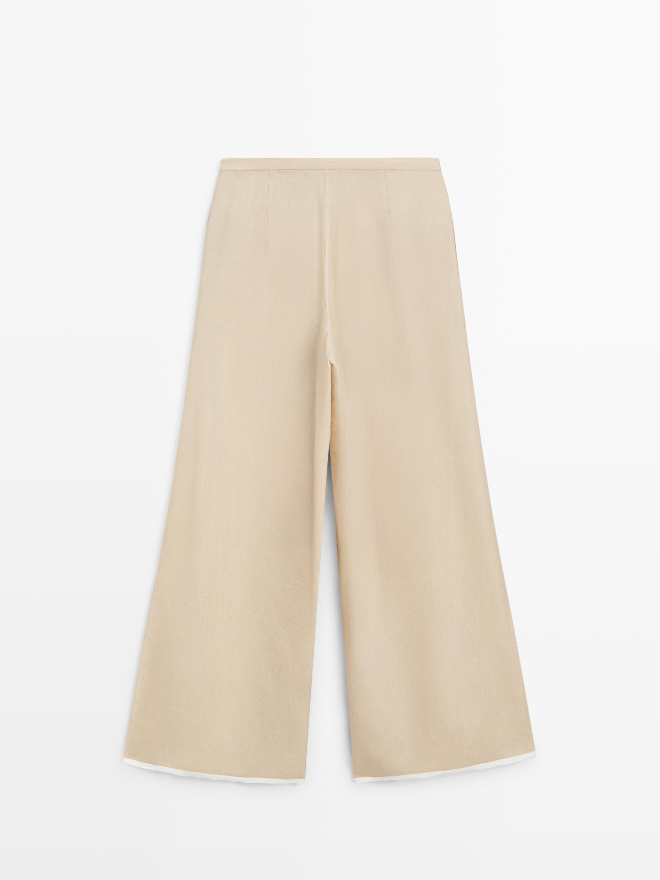 Contrast linen blend straight-leg trousers — BEIGE