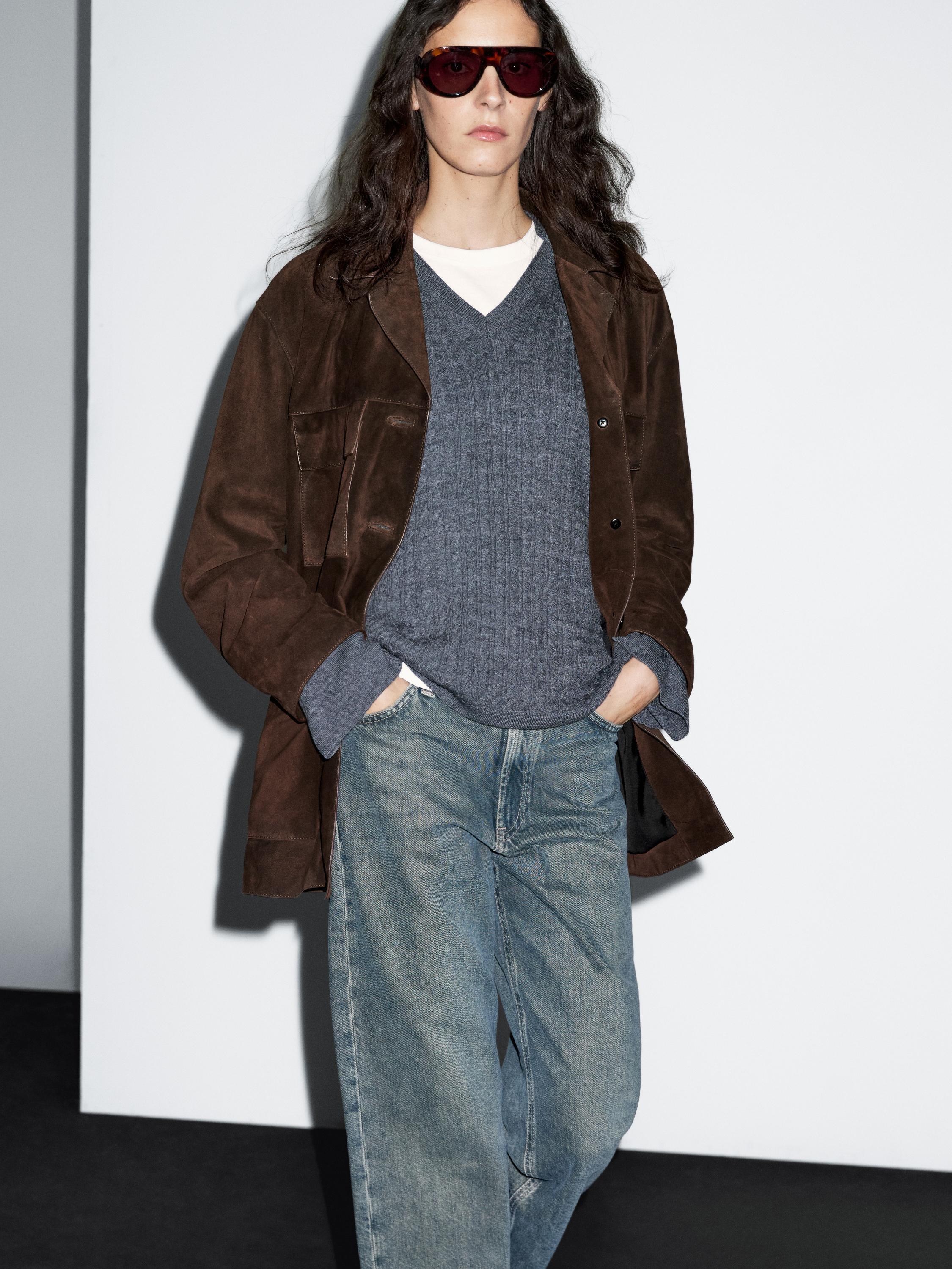 Split suede leather jacket with pockets