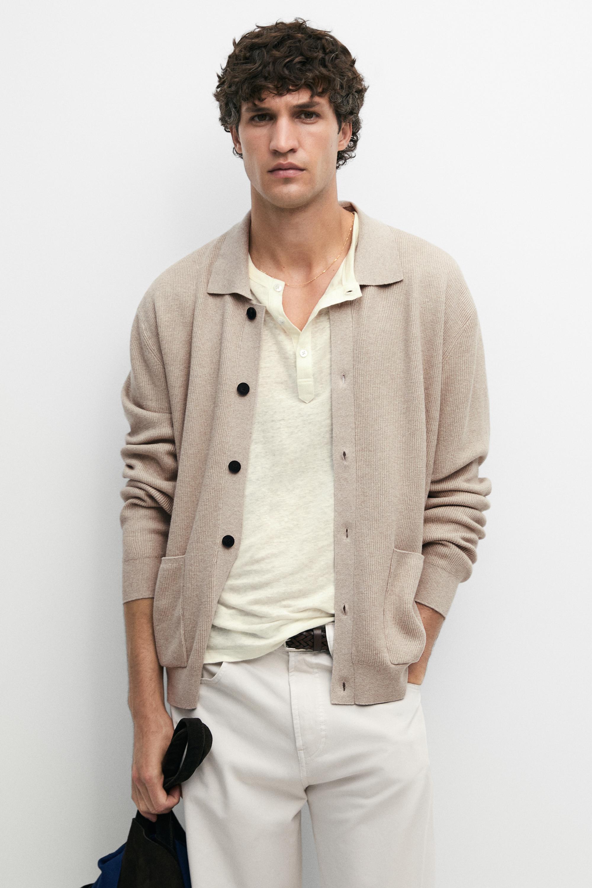 100% cotton knit pocket cardigan — BEIGE