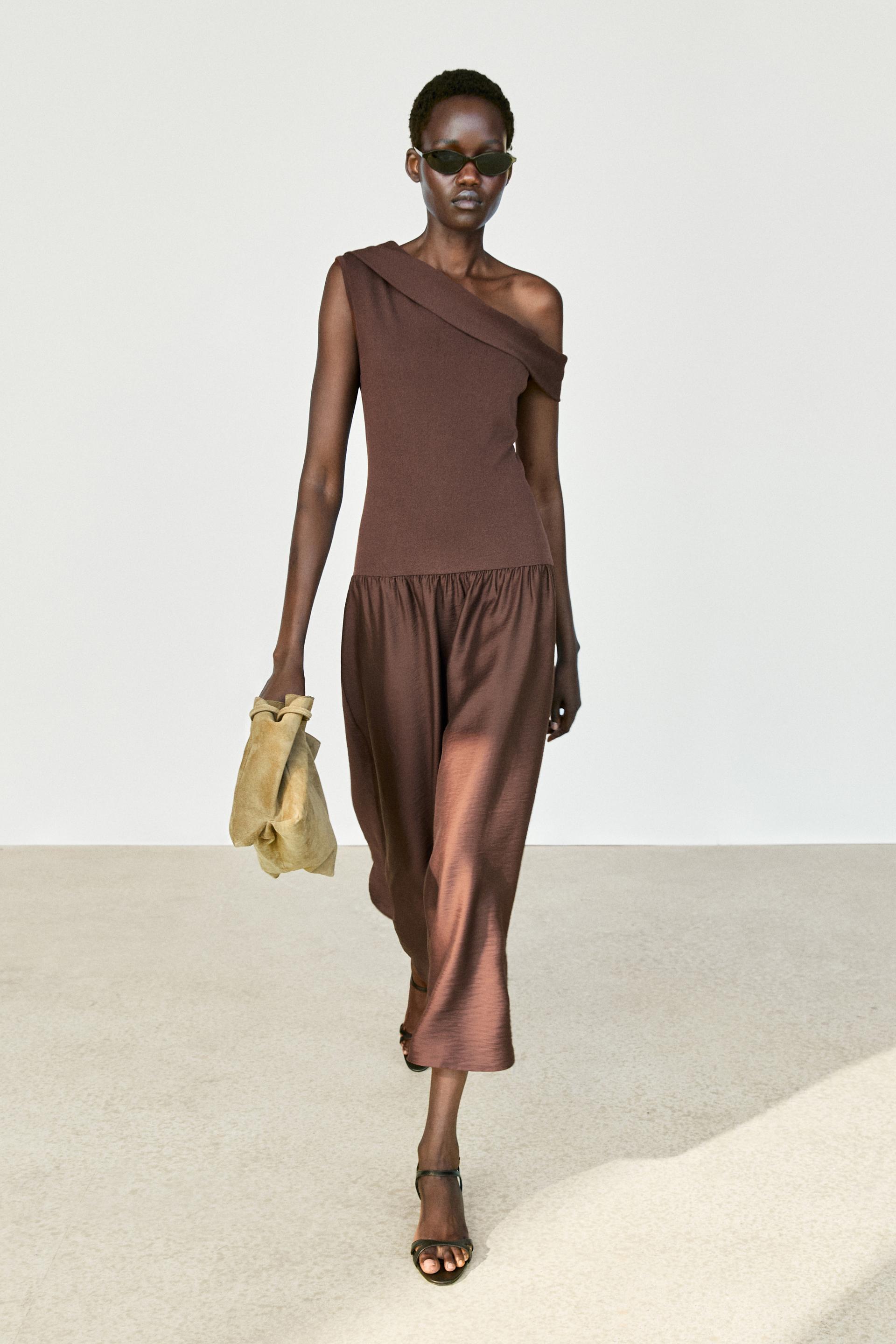 Robe Midi Asymétrique - Marron - Xs - Massimo Dutti - Femme