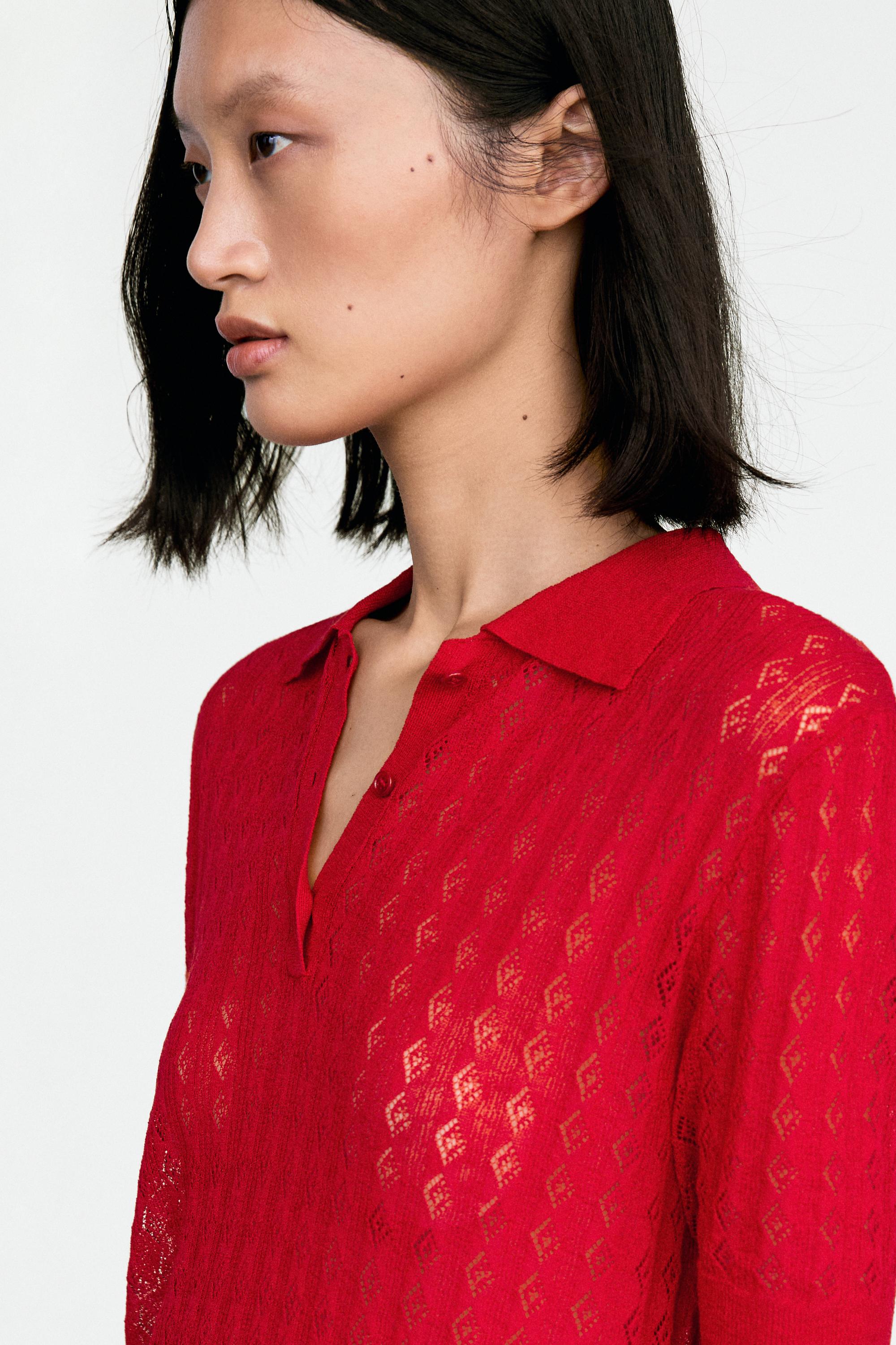 Open-knit polo sweater — RED